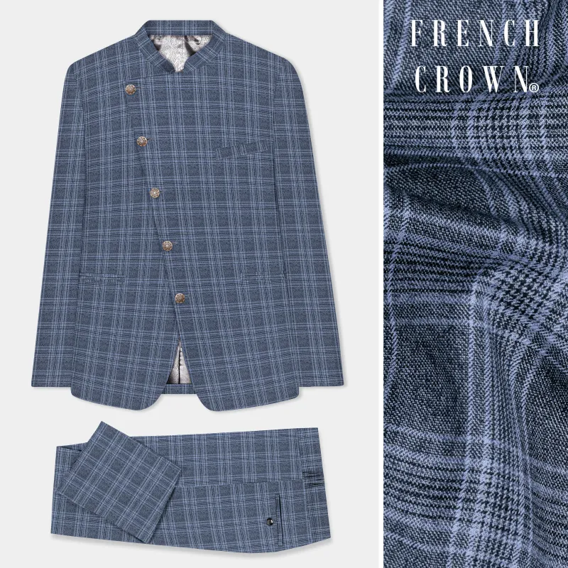Dolphin And Casper Blue Checkered Cross Placket Bandhgala Wool Rich Suit sold by French Crown