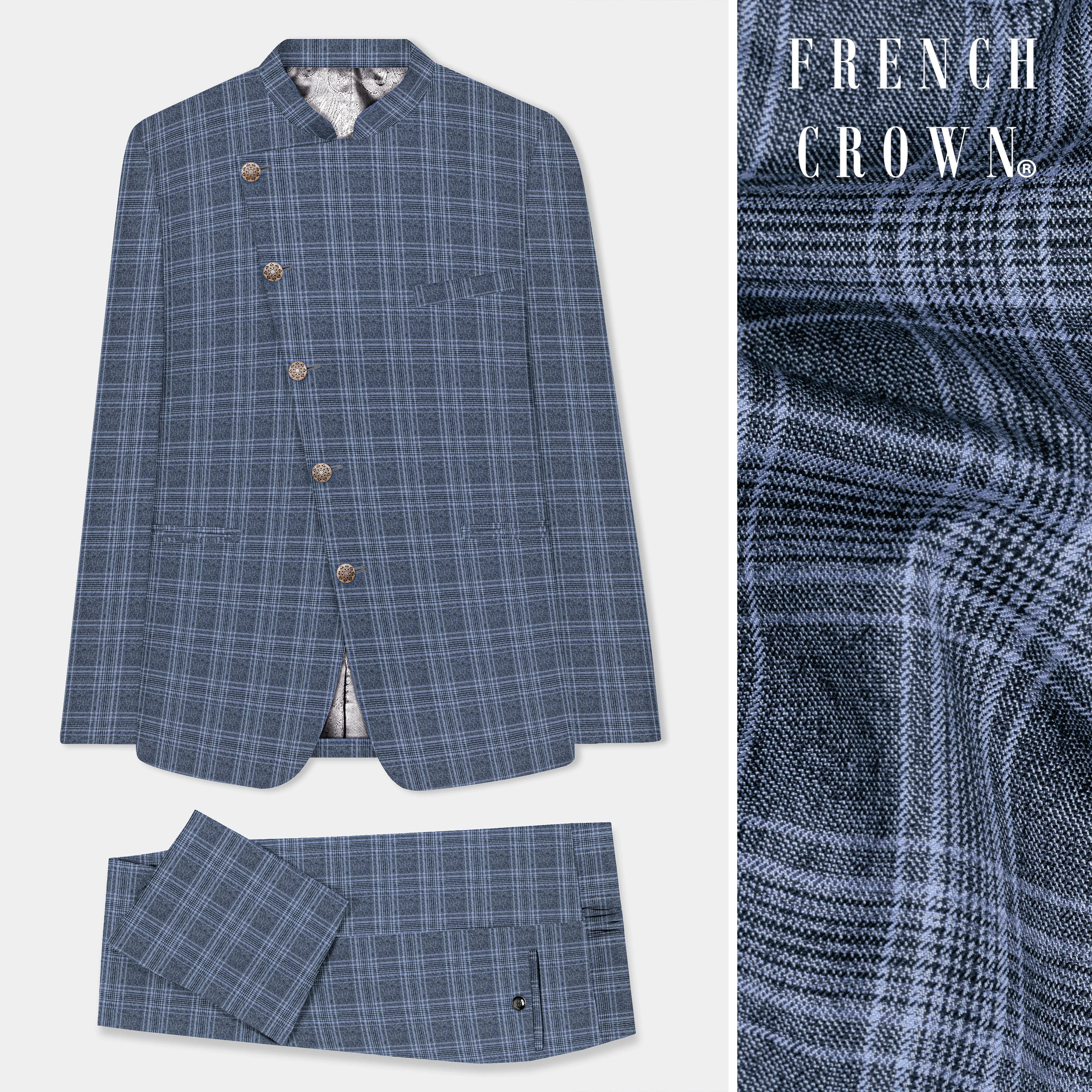 Dolphin And Casper Blue Checkered Cross Placket Bandhgala Wool Rich Suit sold by French Crown