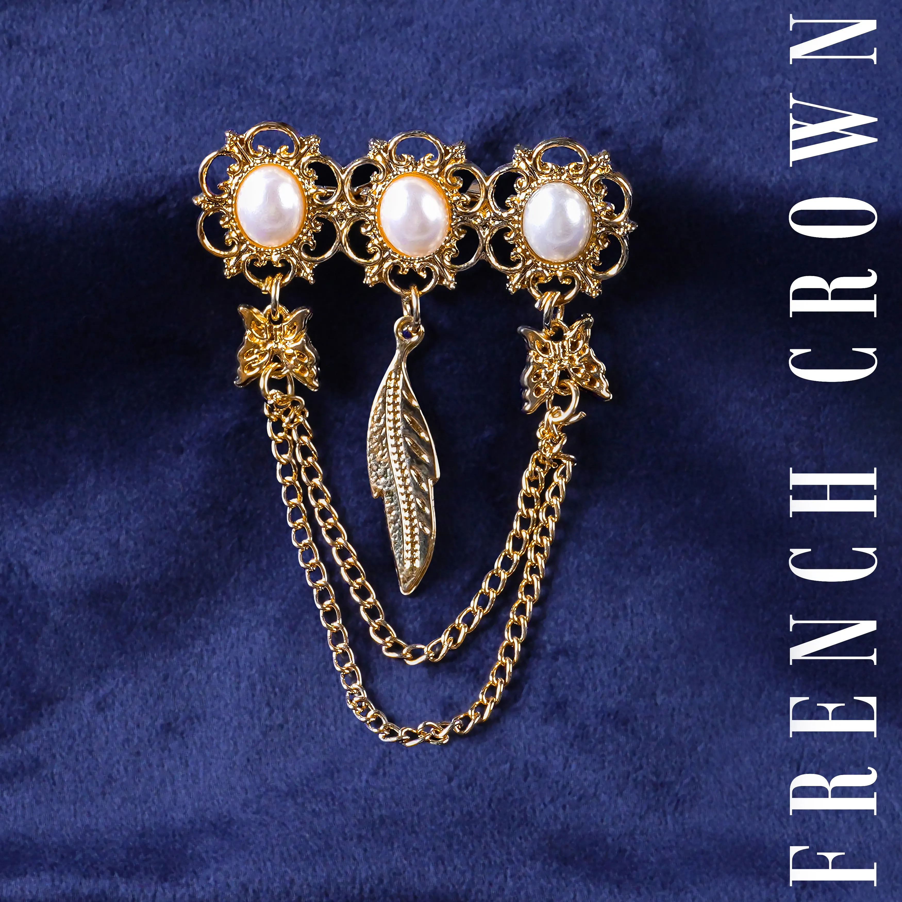 Pearl And Feather Butterflies Gold Tone Designer Brooch sold by French Crown