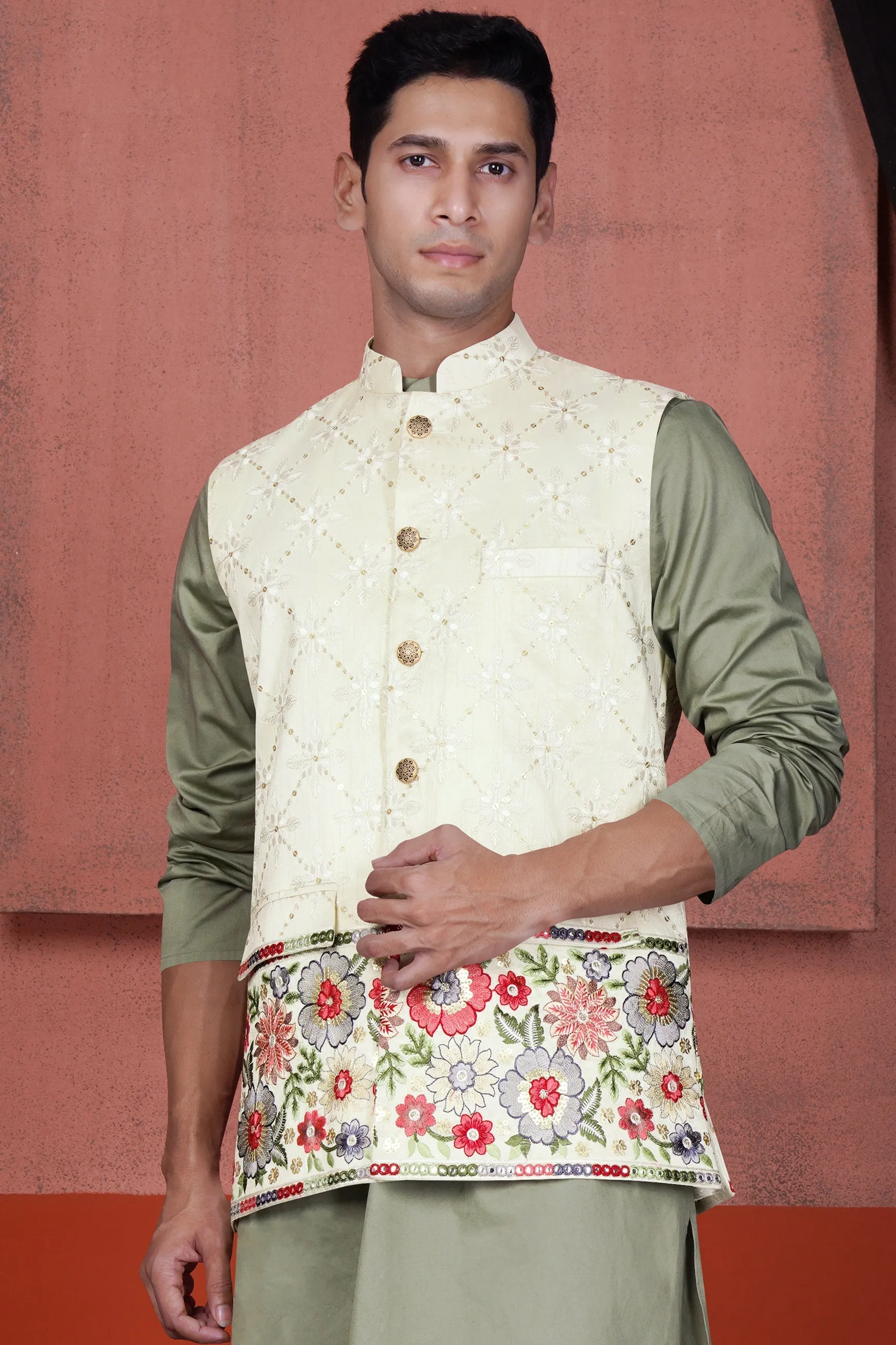 Merino Cream and Terra Pink Floral Cotton Thread Embroidered Designer Nehru Jacket sold by French Crown product image thumbnail 2