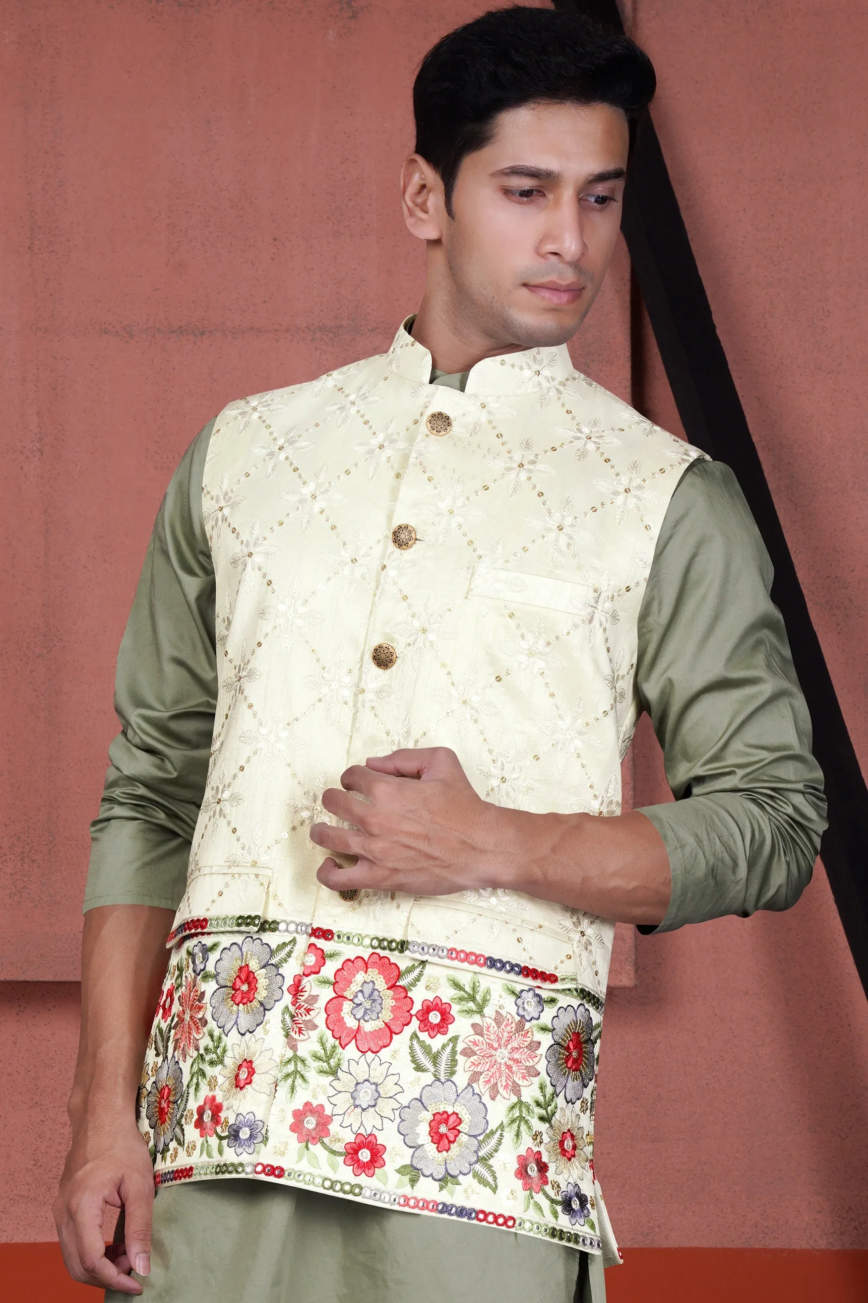 Merino Cream and Terra Pink Floral Cotton Thread Embroidered Designer Nehru Jacket sold by French Crown product image thumbnail 5