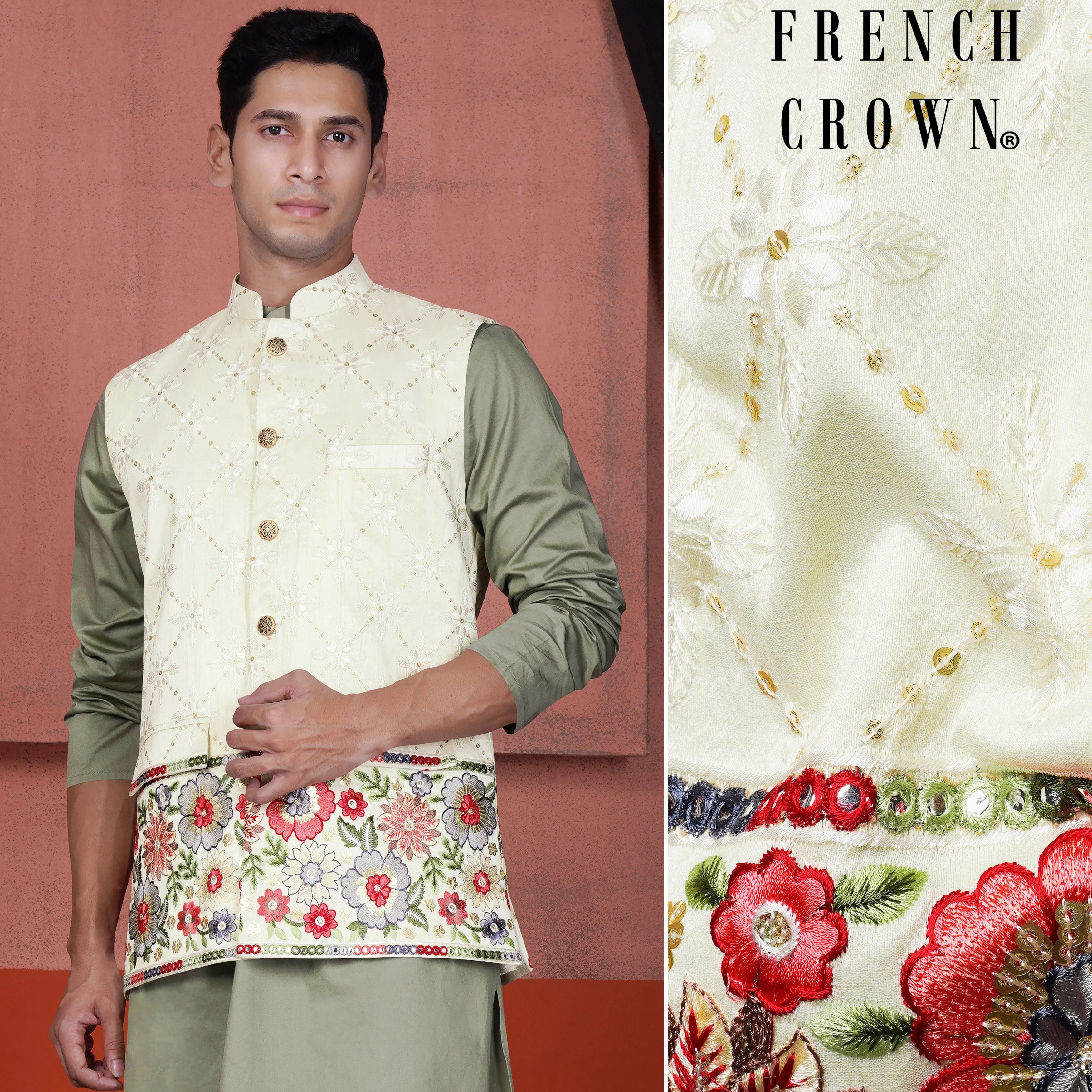 Merino Cream and Terra Pink Floral Cotton Thread Embroidered Designer Nehru Jacket sold by French Crown