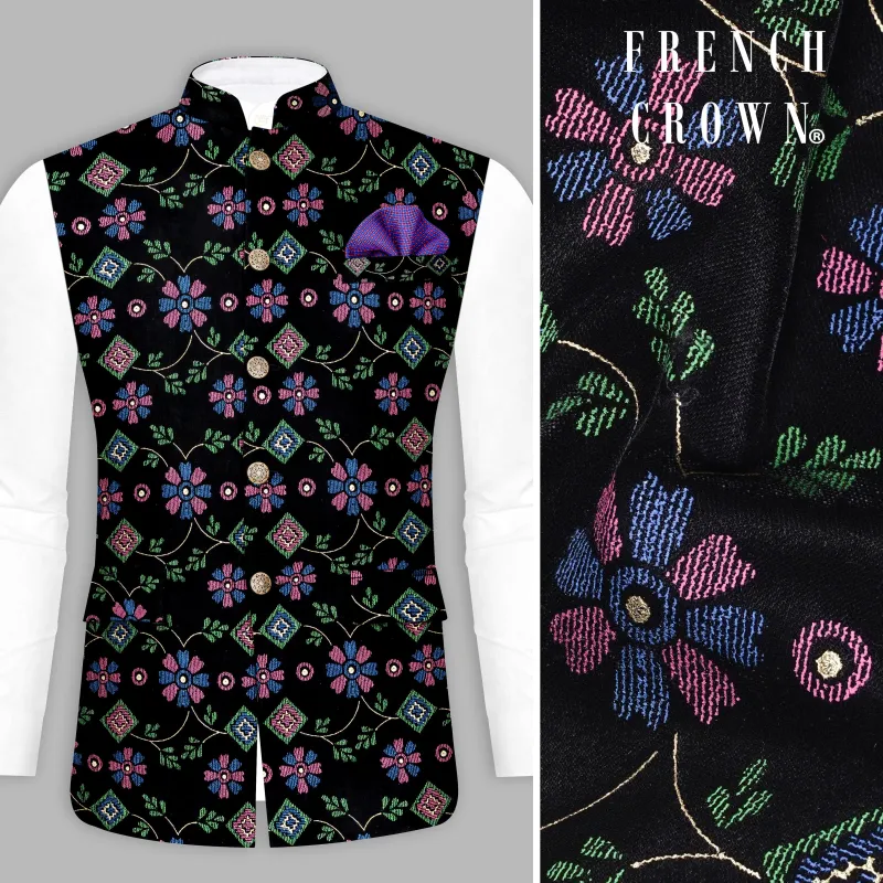 Jade Black and Glade Green Multicolour Floral Jacquard Weave Nehru Jacket sold by French Crown