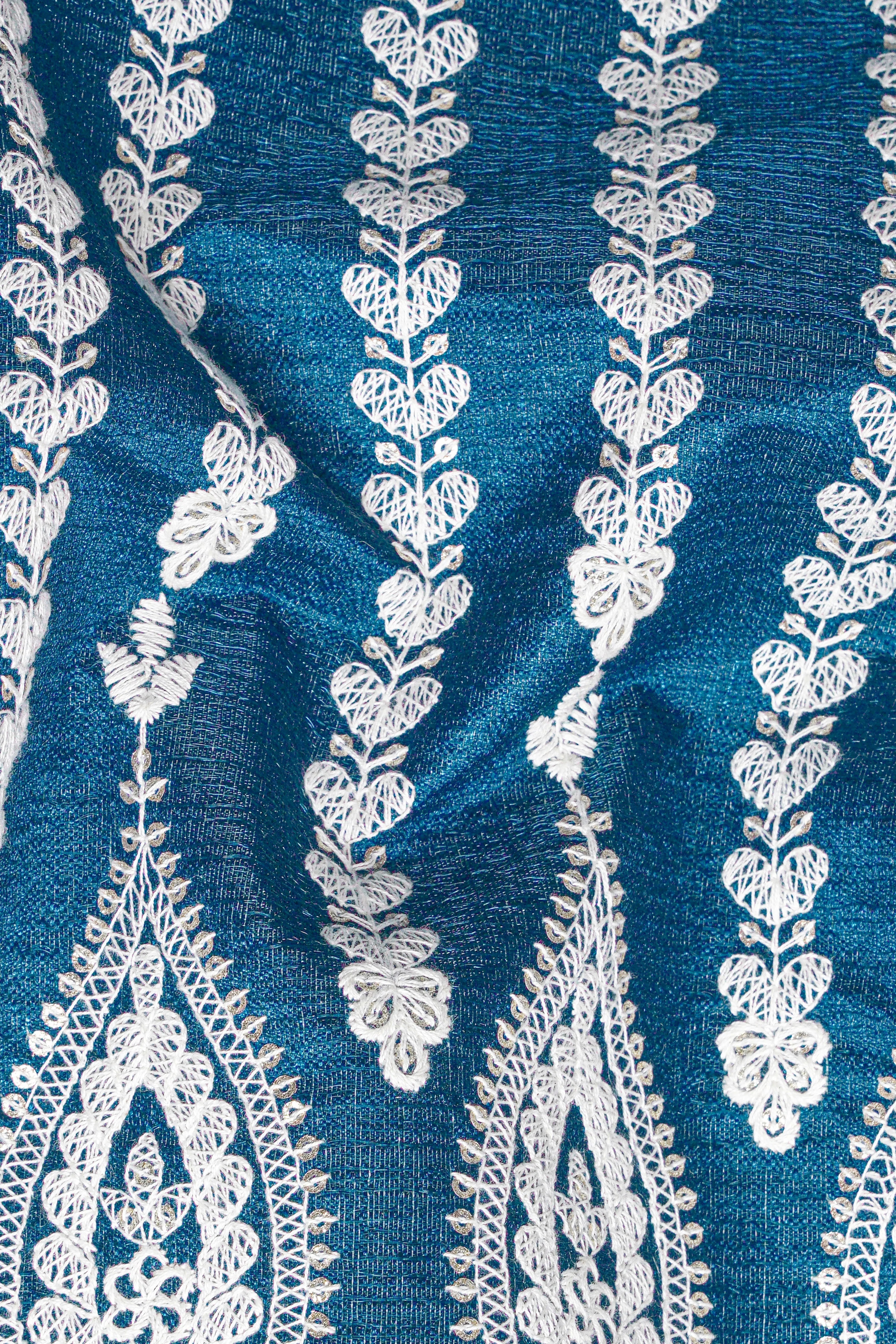 Cerulean Blue and White Thread Embroidered Nehru Jacket sold by French Crown product image thumbnail 3