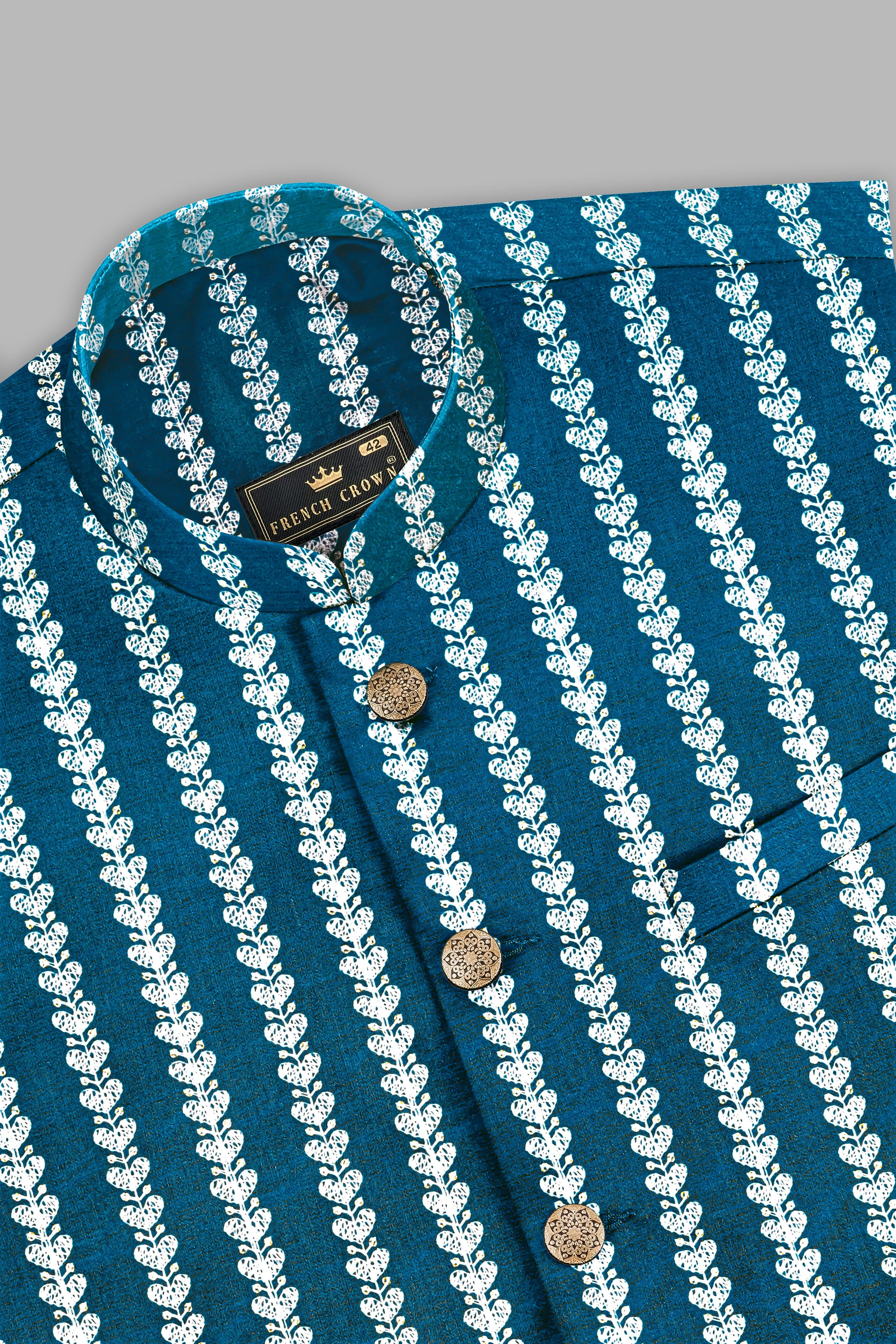 Cerulean Blue and White Thread Embroidered Nehru Jacket sold by French Crown product image thumbnail 4