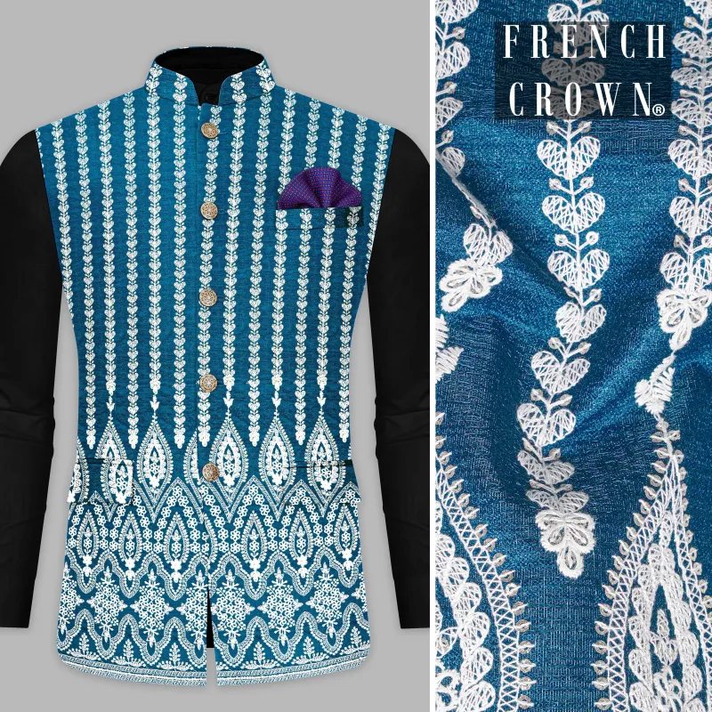 Cerulean Blue and White Thread Embroidered Nehru Jacket sold by French Crown