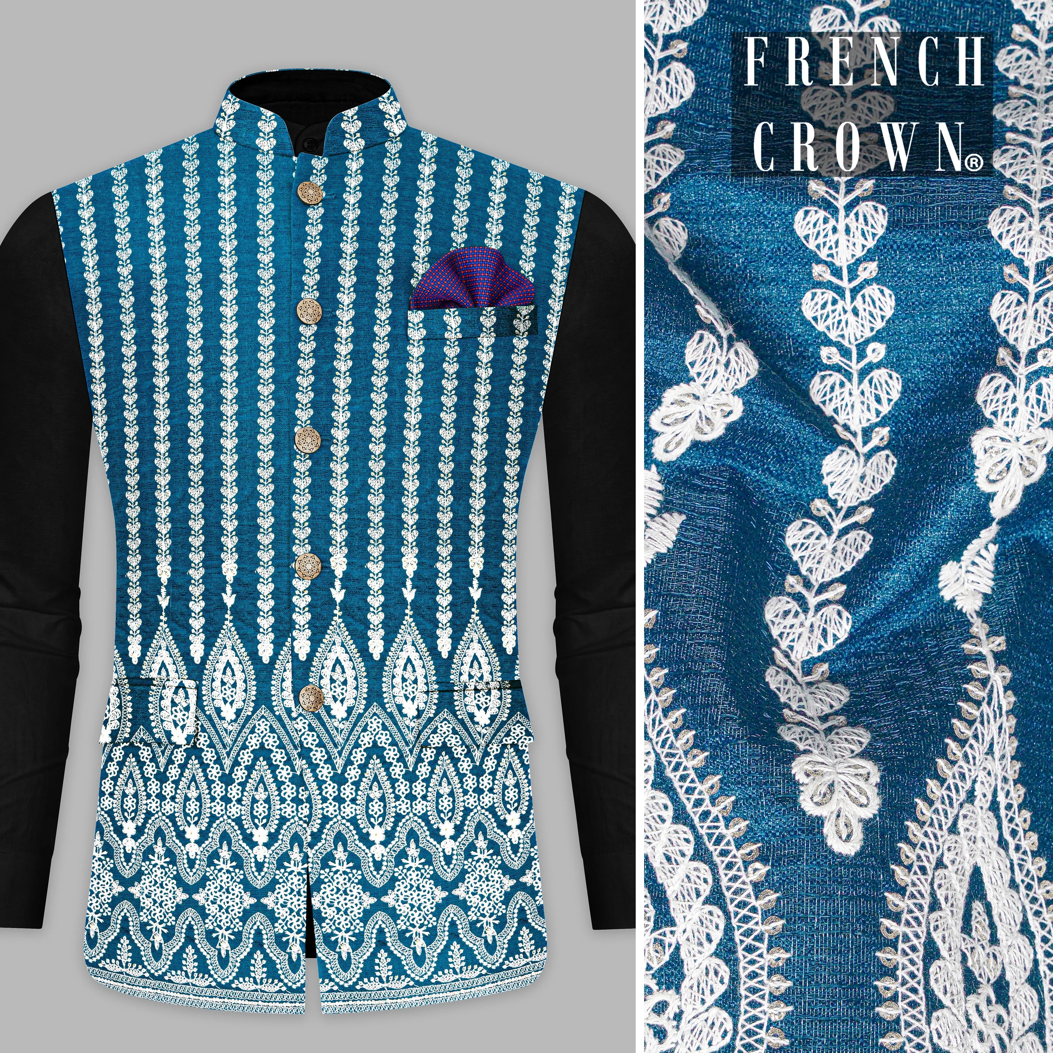 Cerulean Blue and White Thread Embroidered Nehru Jacket sold by French Crown