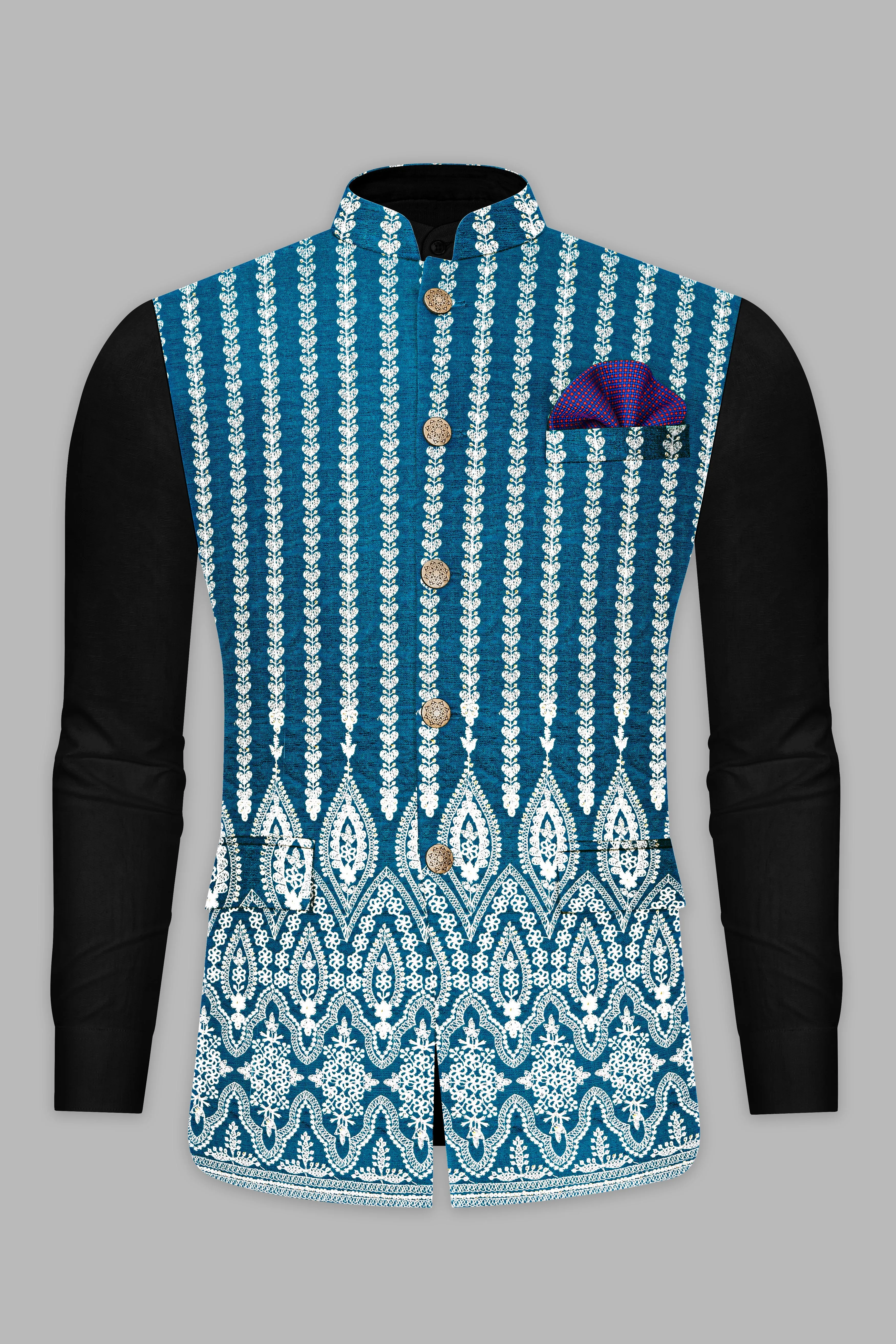 Cerulean Blue and White Thread Embroidered Nehru Jacket sold by French Crown product image thumbnail 2