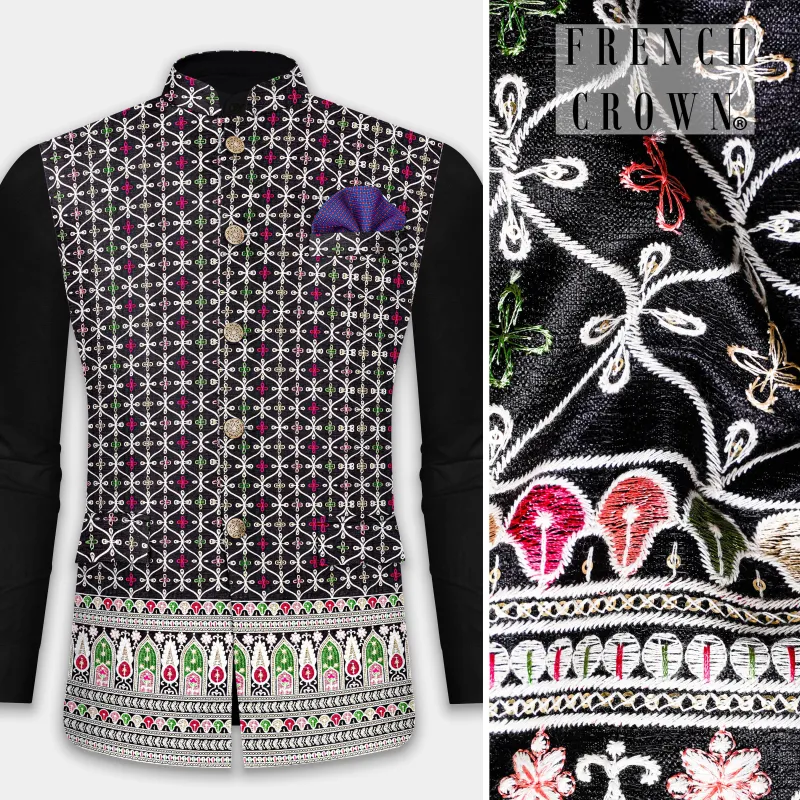 Jade Black and White Multicolour Ogee Pattern Embroidered Nehru Jacket sold by French Crown