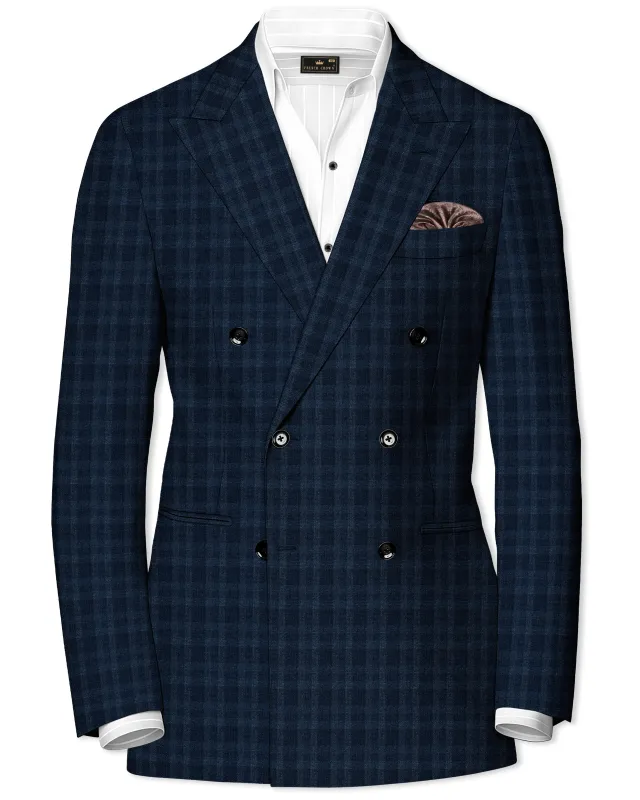 Baltic Sea Blue with Tuna Blue Checkered Wool Rich Double Breasted Blazer sold by French Crown