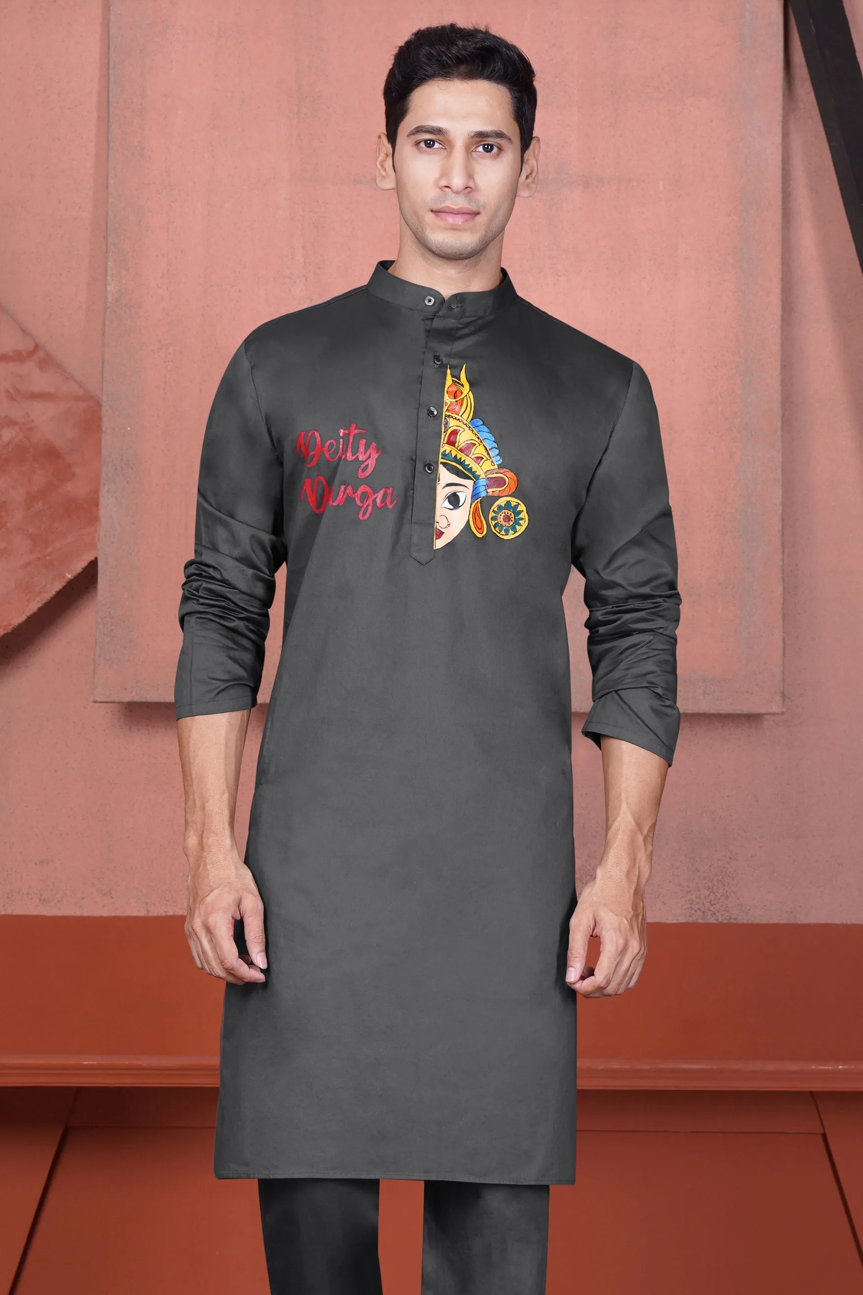 Iridium Gray Deity Durga Hand Painted Subtle Sheen Super Soft Premium Cotton Designer Kurta sold by French Crown product image thumbnail 2