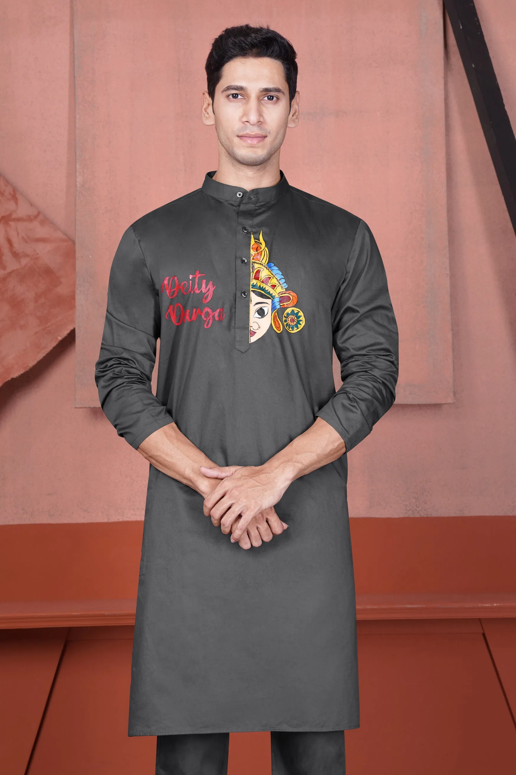 Iridium Gray Deity Durga Hand Painted Subtle Sheen Super Soft Premium Cotton Designer Kurta sold by French Crown product image thumbnail 5
