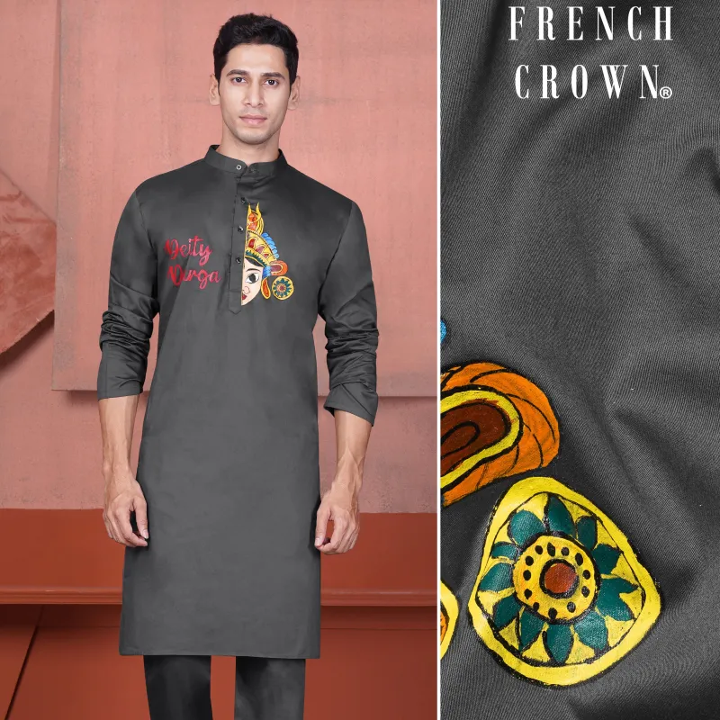 Iridium Gray Deity Durga Hand Painted Subtle Sheen Super Soft Premium Cotton Designer Kurta sold by French Crown