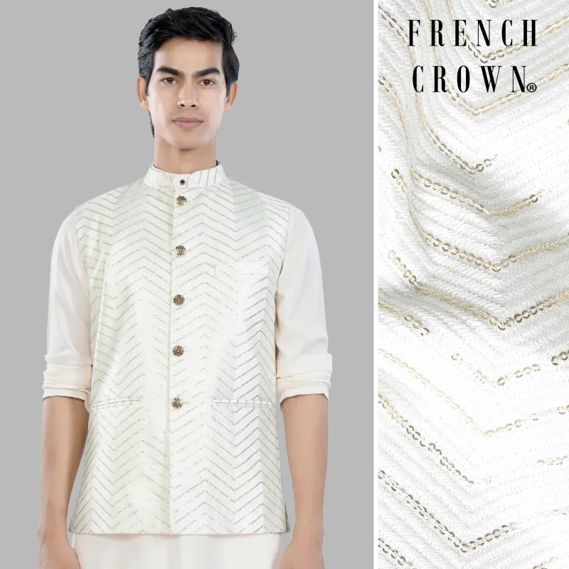 Bright White Chevron Sequin and Thread Embroidered Designer Nehru Jacket sold by French Crown