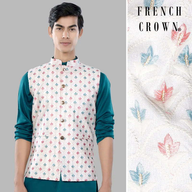 Merino Cream and Celeste Blue Leaves Thread Embroidered Designer Nehru Jacket sold by French Crown