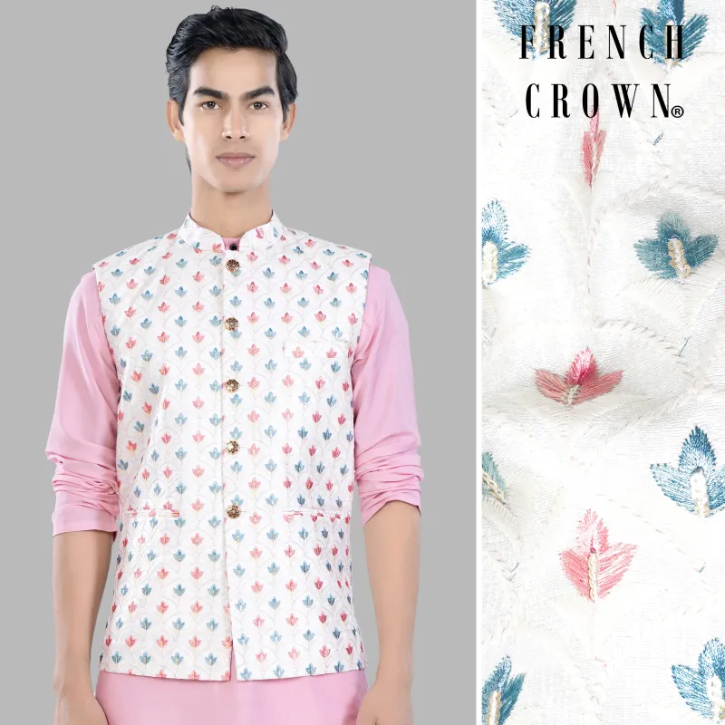 Bright White and Carnation Pink Leaves Thread Embroidered Designer Nehru Jacket sold by French Crown