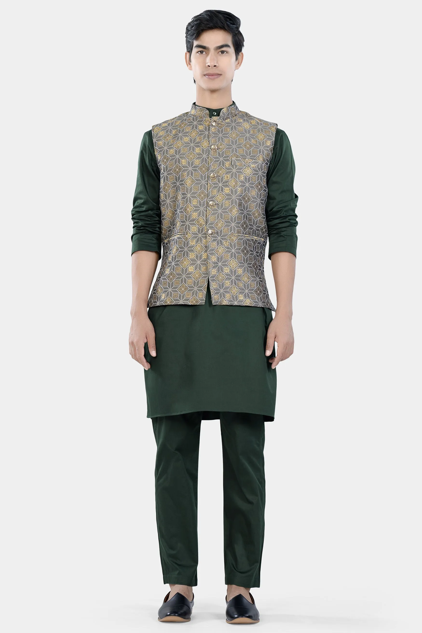 Timber Green Kurta Set with Sorrell Brown and Schooner Gray Geometric Jacquard Textured Designer Nehru Jacket sold by French Crown product image thumbnail 2