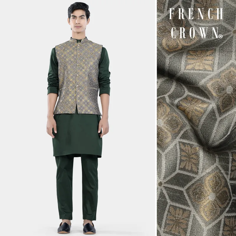 Timber Green Kurta Set with Sorrell Brown and Schooner Gray Geometric Jacquard Textured Designer Nehru Jacket sold by French Crown