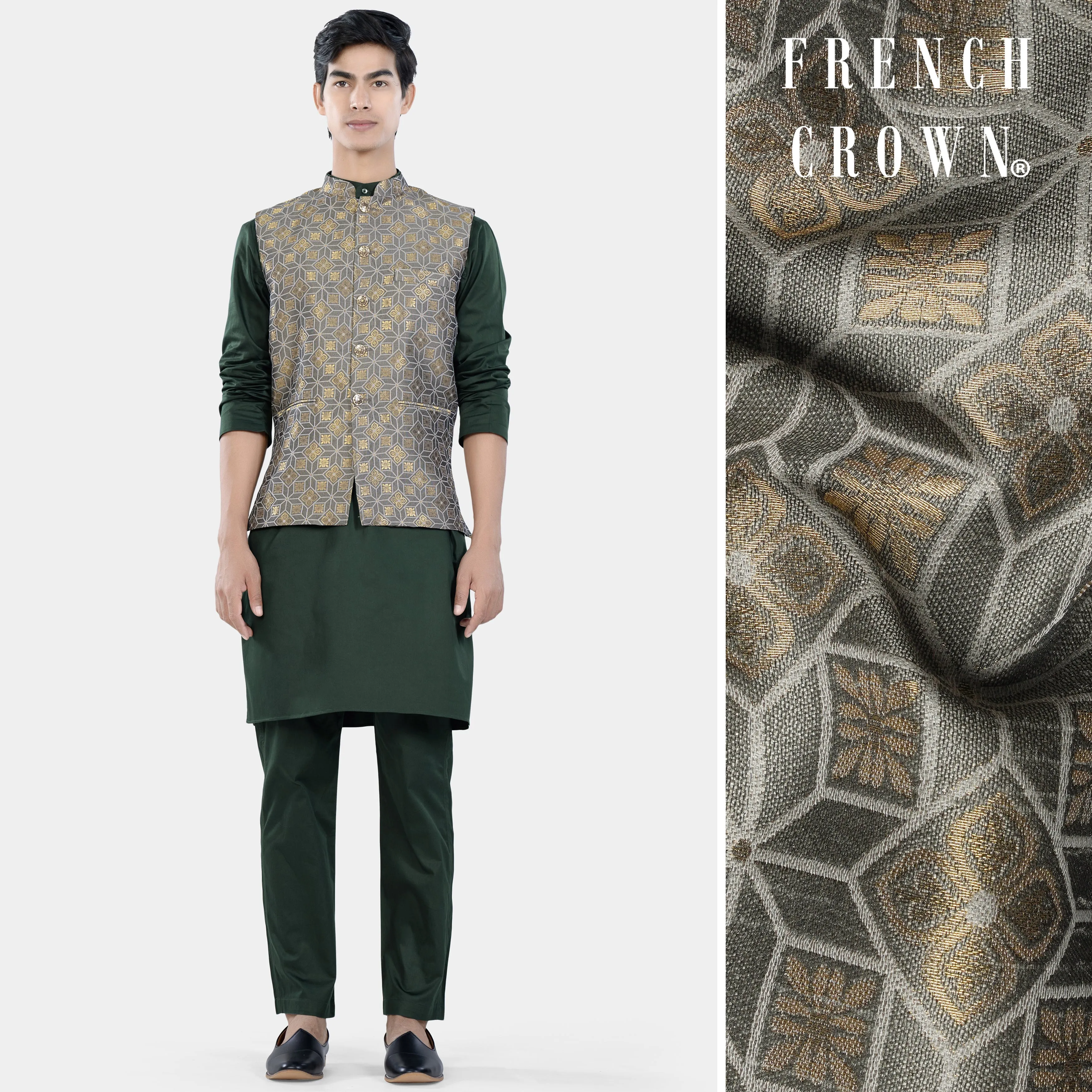 Timber Green Kurta Set with Sorrell Brown and Schooner Gray Geometric Jacquard Textured Designer Nehru Jacket sold by French Crown