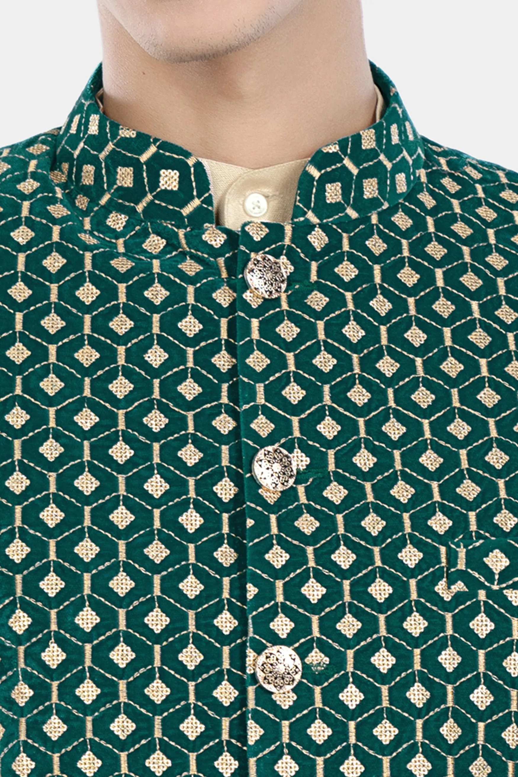 Almond Brown Kurta Set with Sherpa Green and Givry Cream Hexagon Sequin and Thread Embroidered Designer Nehru Jacket sold by French Crown product image thumbnail 5