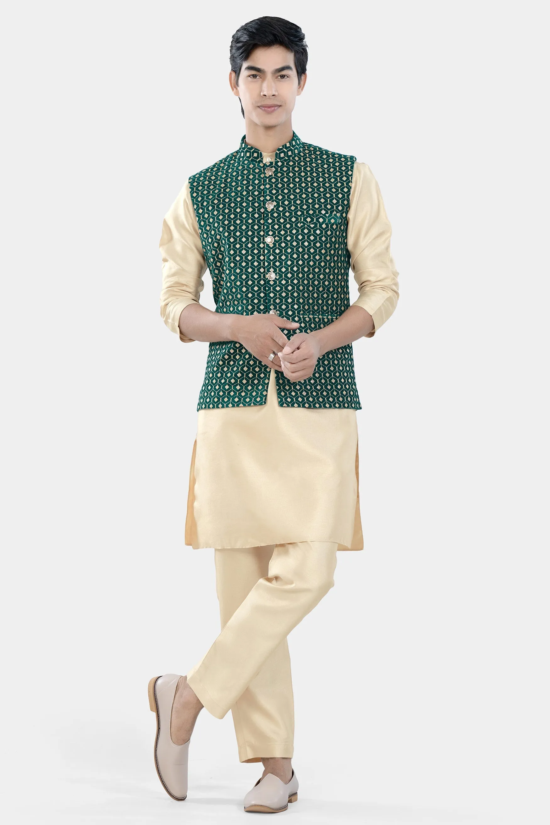 Almond Brown Kurta Set with Sherpa Green and Givry Cream Hexagon Sequin and Thread Embroidered Designer Nehru Jacket sold by French Crown product image thumbnail 2