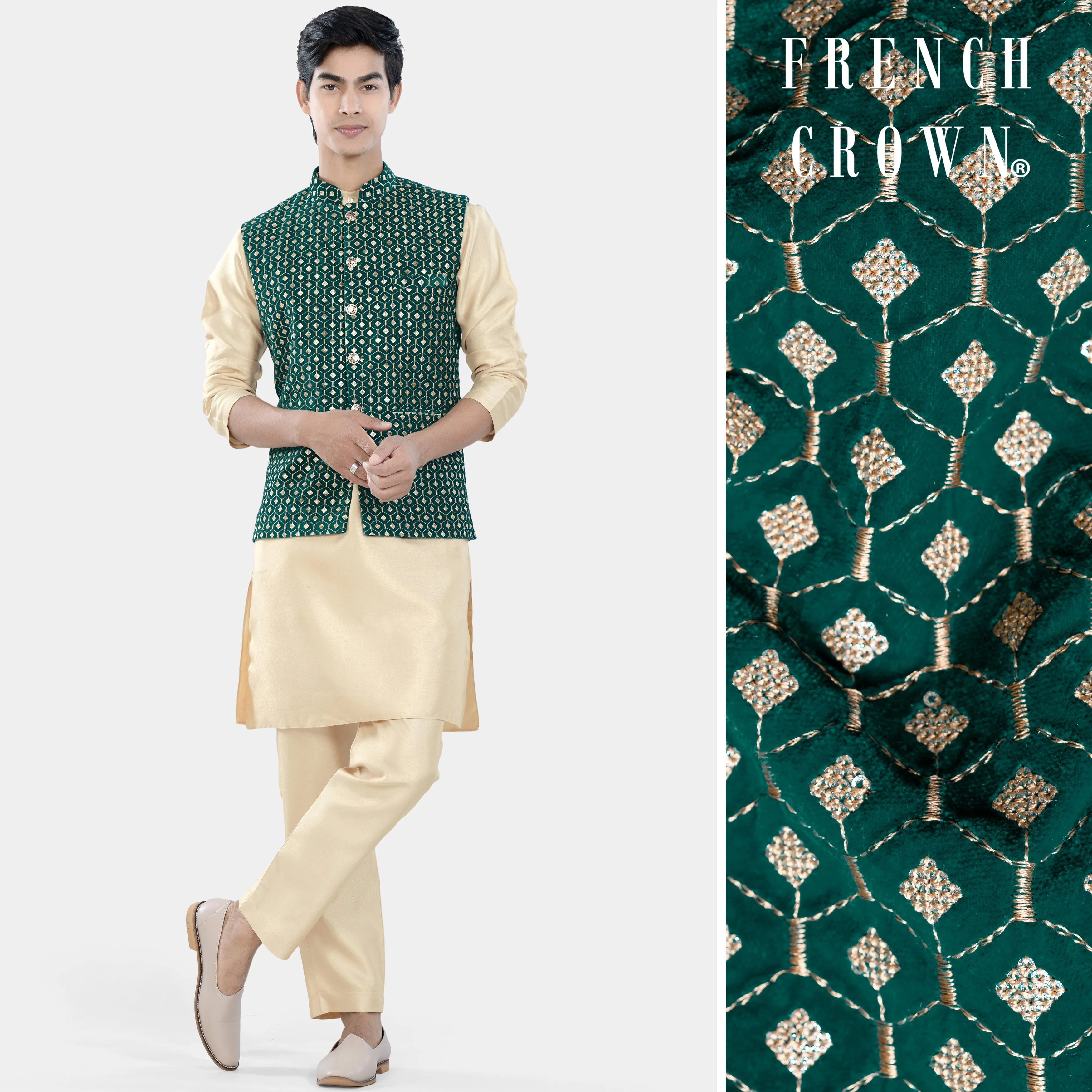 Almond Brown Kurta Set with Sherpa Green and Givry Cream Hexagon Sequin and Thread Embroidered Designer Nehru Jacket sold by French Crown