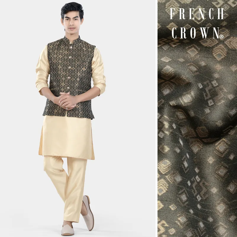Almond Brown Kurta Set with Fuscous Green and Mongoose Brown Floral Jacquard Textured Designer Nehru Jacket sold by French Crown