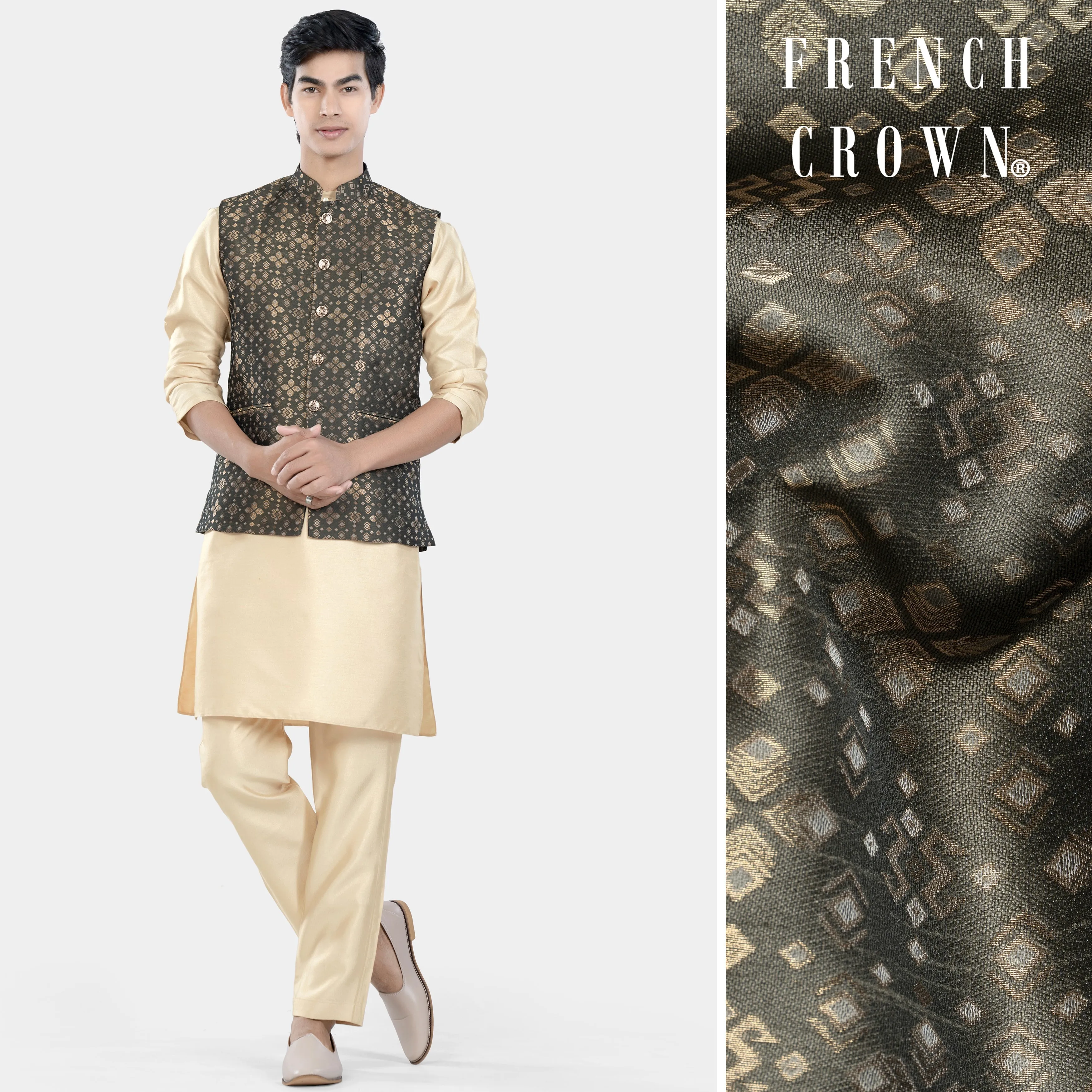 Almond Brown Kurta Set with Fuscous Green and Mongoose Brown Floral Jacquard Textured Designer Nehru Jacket sold by French Crown