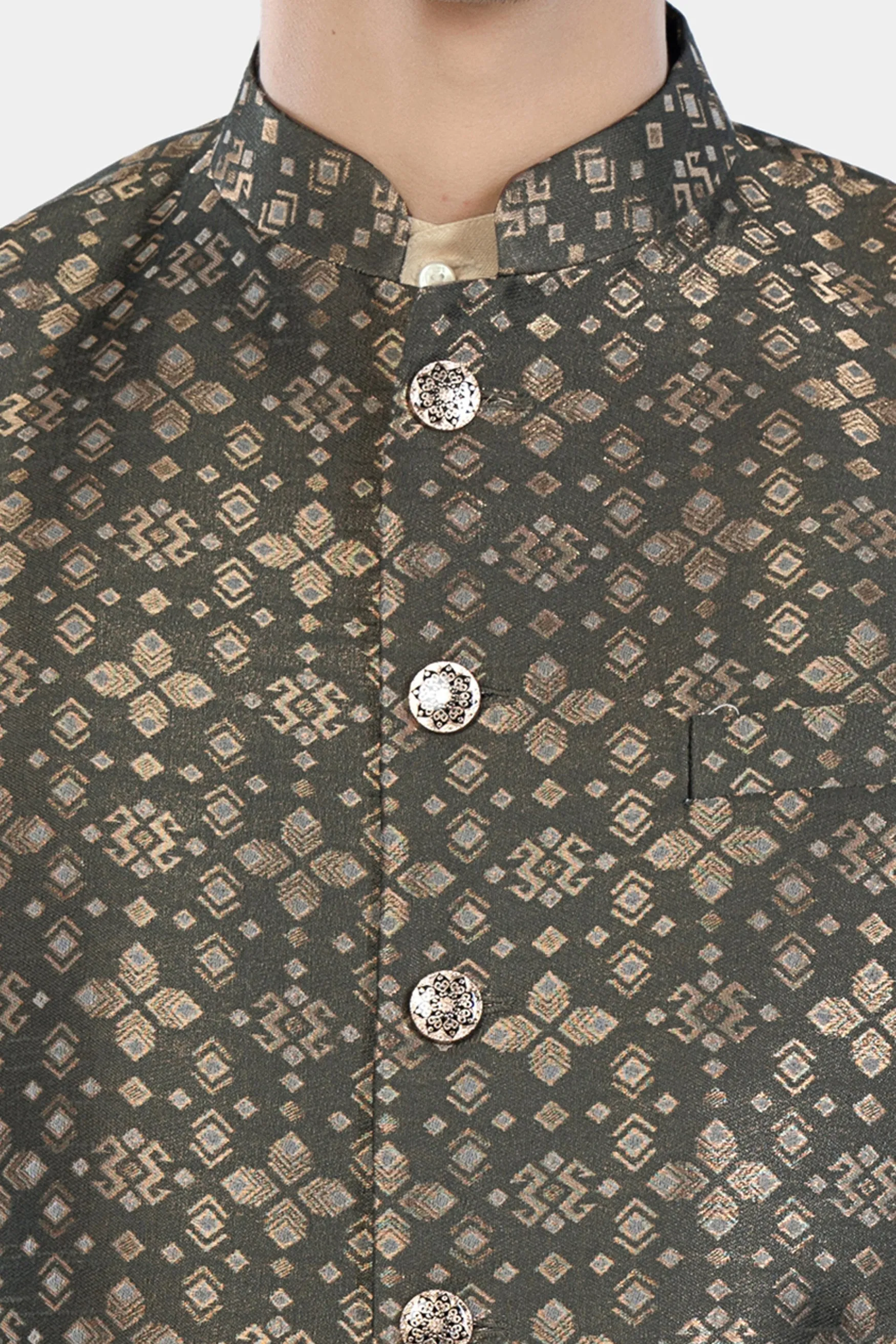 Almond Brown Kurta Set with Fuscous Green and Mongoose Brown Floral Jacquard Textured Designer Nehru Jacket sold by French Crown product image thumbnail 5