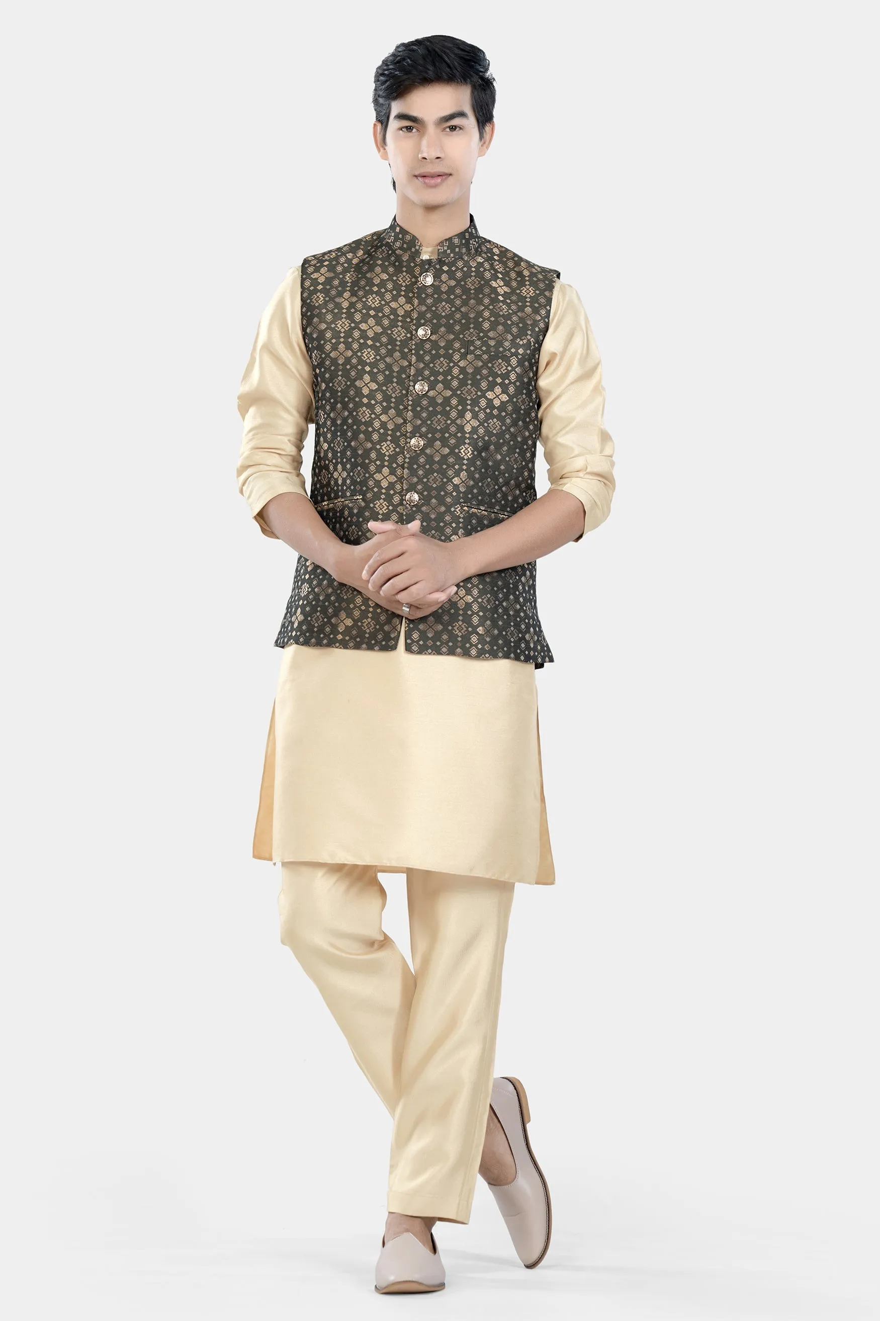 Almond Brown Kurta Set with Fuscous Green and Mongoose Brown Floral Jacquard Textured Designer Nehru Jacket sold by French Crown product image thumbnail 2