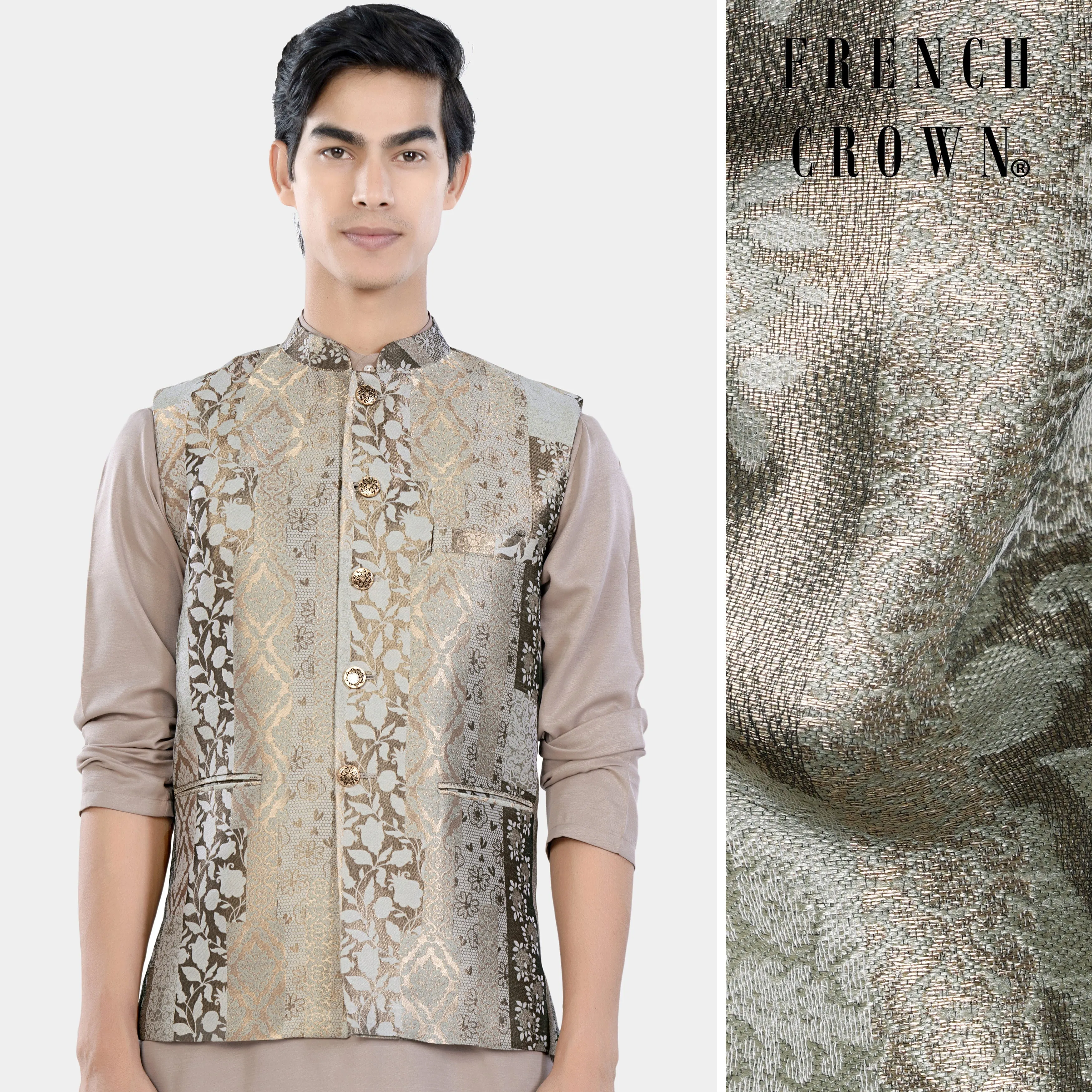 Nomad and Armadillo Brown Geometric Jacquard Textured Designer Nehru Jacket sold by French Crown