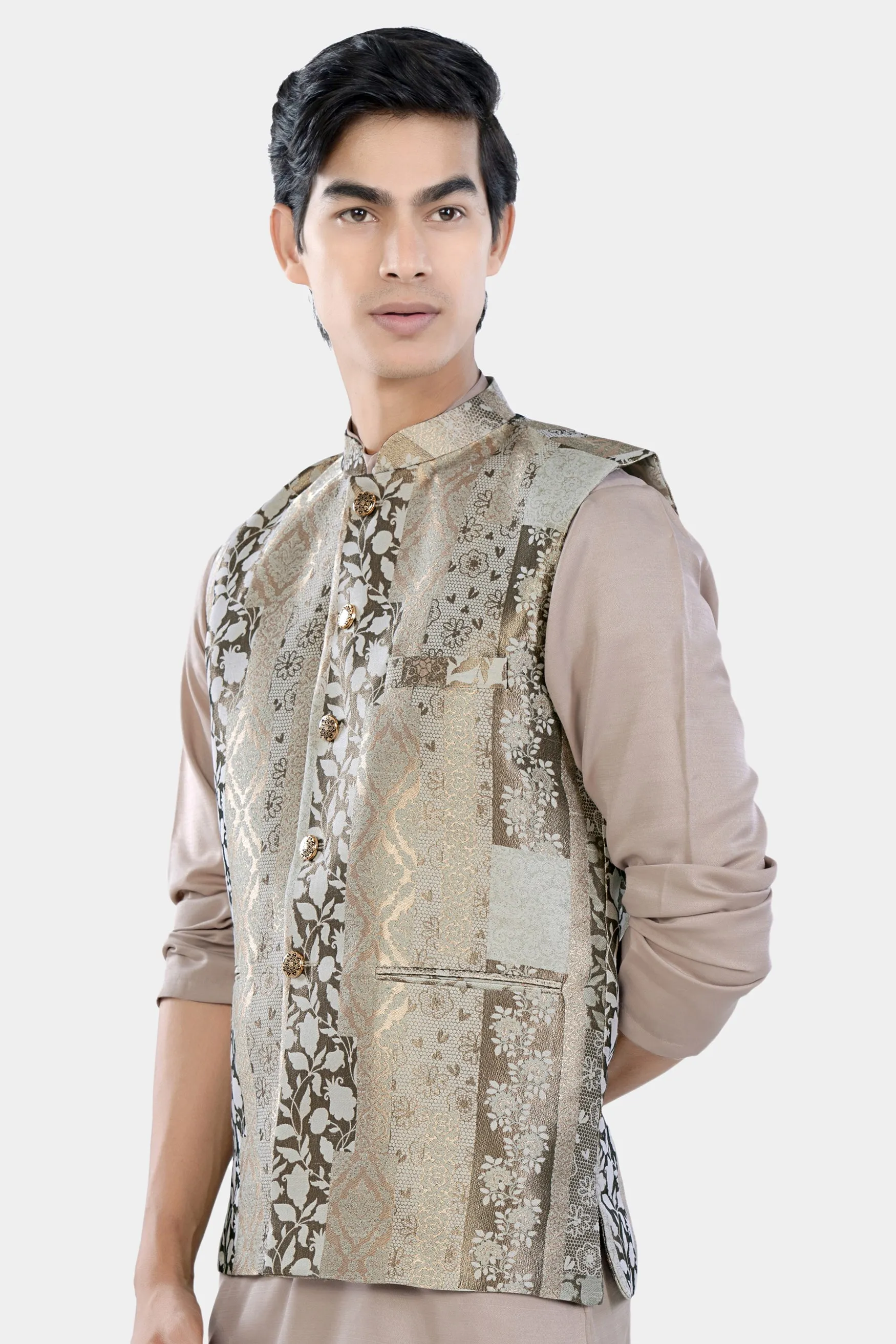 Nomad and Armadillo Brown Geometric Jacquard Textured Designer Nehru Jacket sold by French Crown product image thumbnail 5