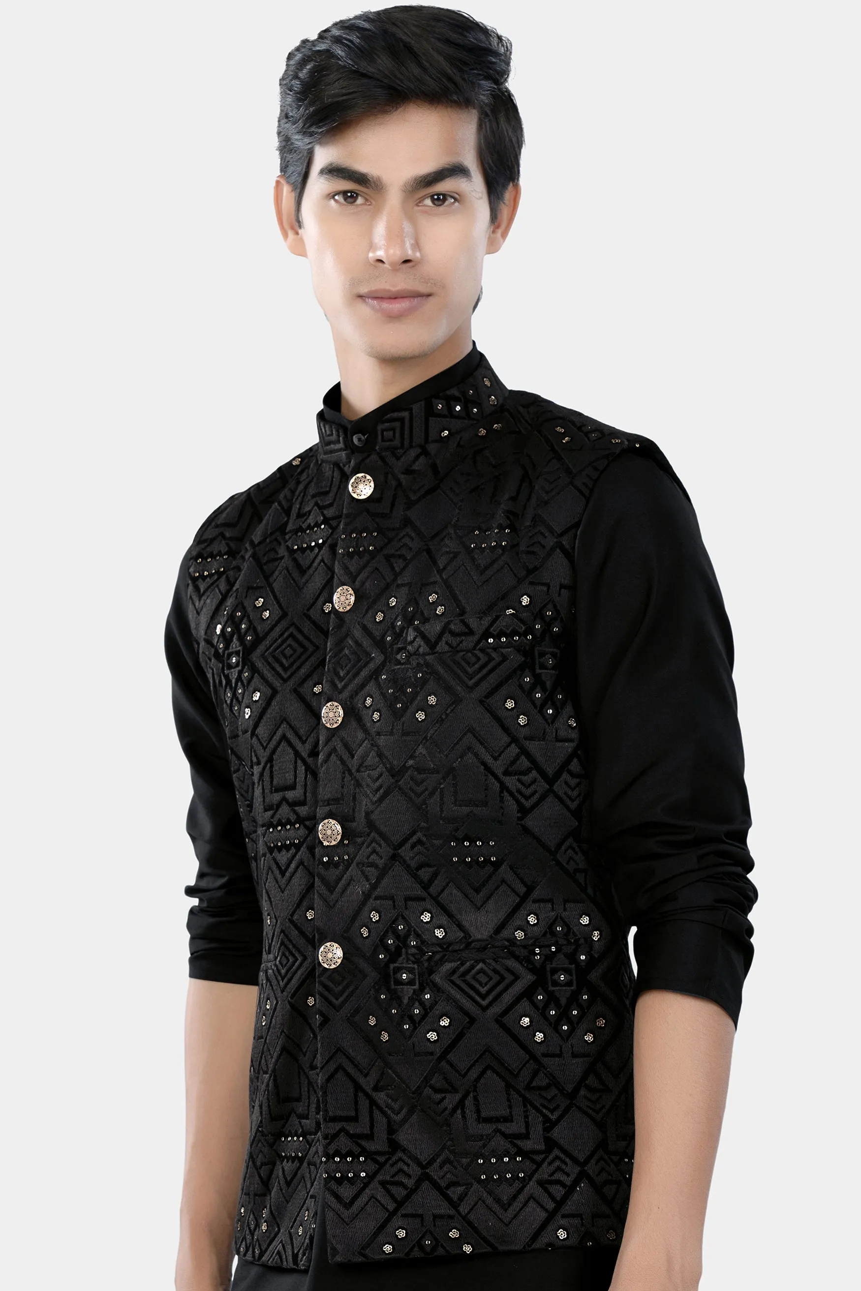 Jade Black Geometric Sequin and Thread Embroidered Designer Nehru Jacket sold by French Crown product image thumbnail 5