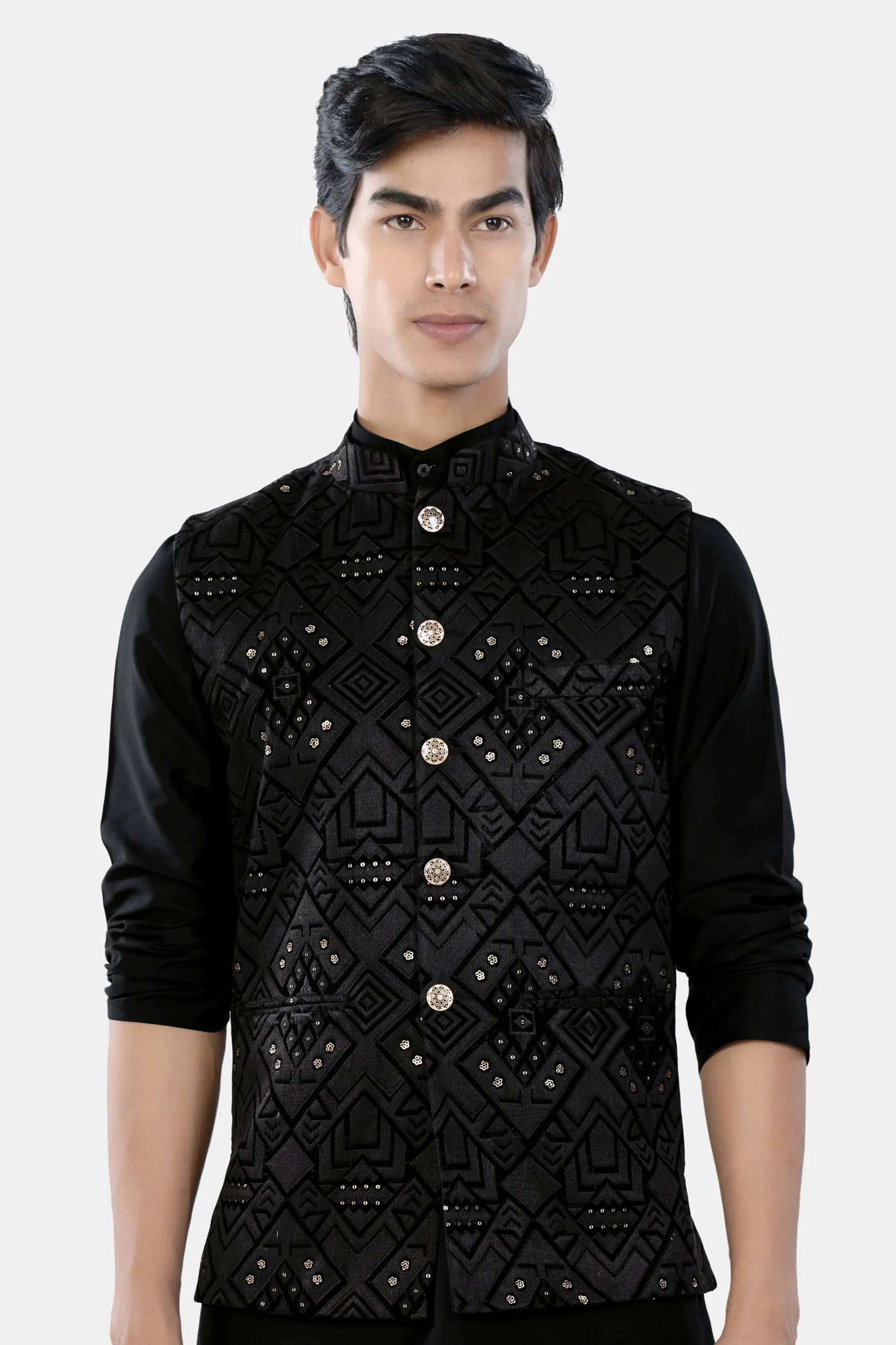 Jade Black Geometric Sequin and Thread Embroidered Designer Nehru Jacket sold by French Crown product image thumbnail 2