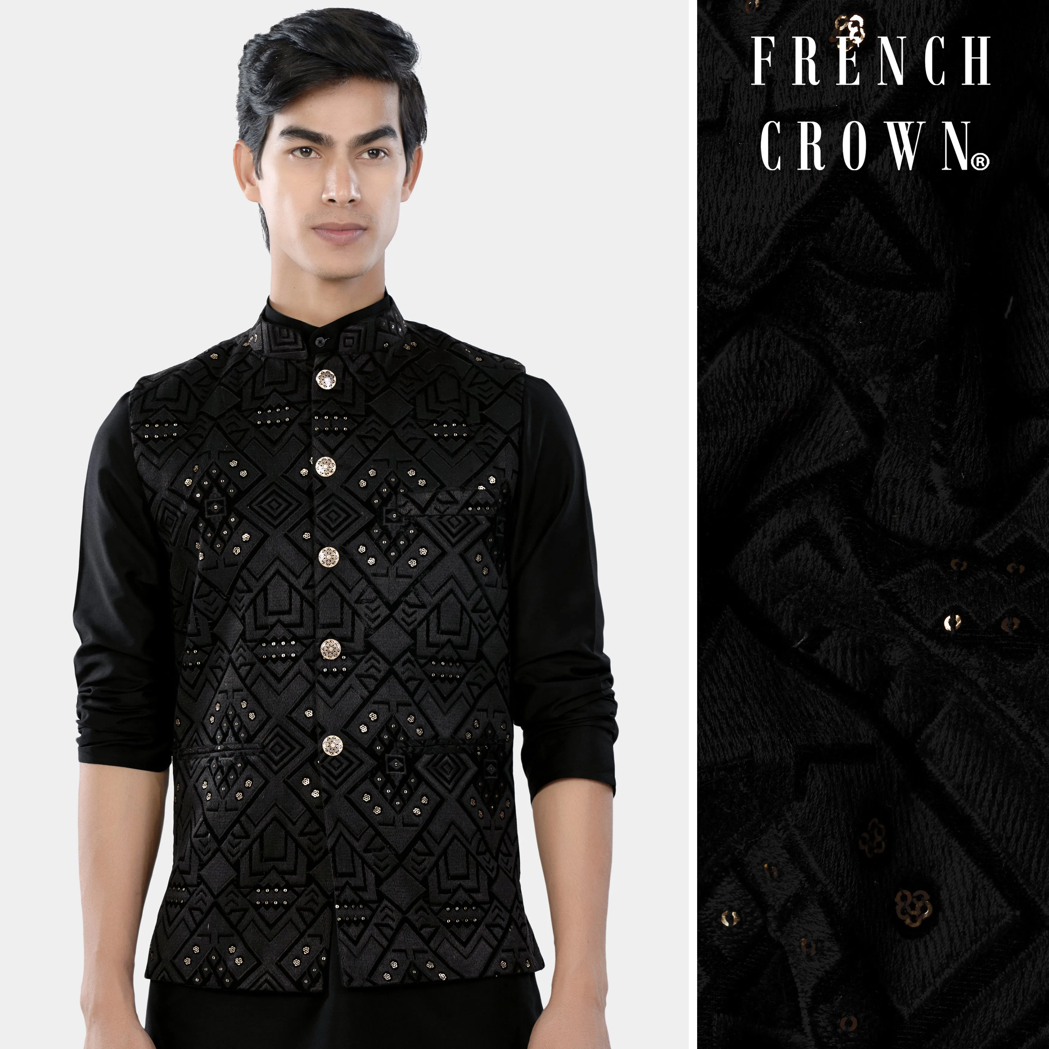 Jade Black Geometric Sequin and Thread Embroidered Designer Nehru Jacket sold by French Crown