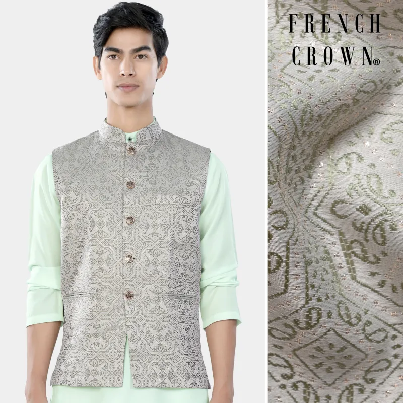 Gainsboro Gray and Sage Green Geometric Jacquard Textured Designer Nehru Jacket sold by French Crown