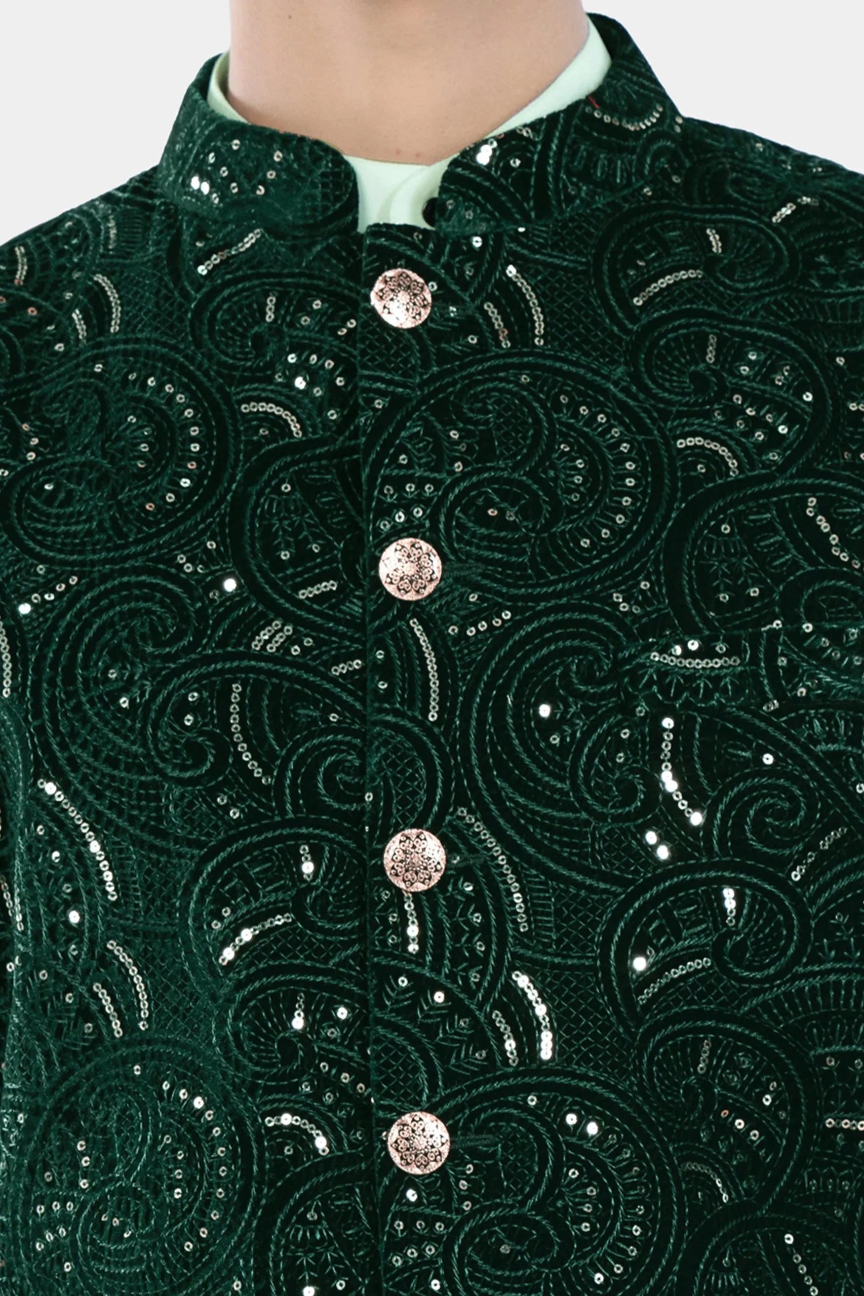 Palm and Jewel Green Sequin and Thread Embroidered Designer Nehru Jacket sold by French Crown product image thumbnail 4