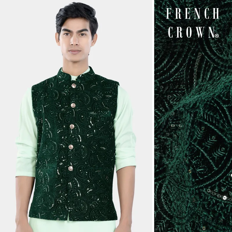 Palm and Jewel Green Sequin and Thread Embroidered Designer Nehru Jacket sold by French Crown