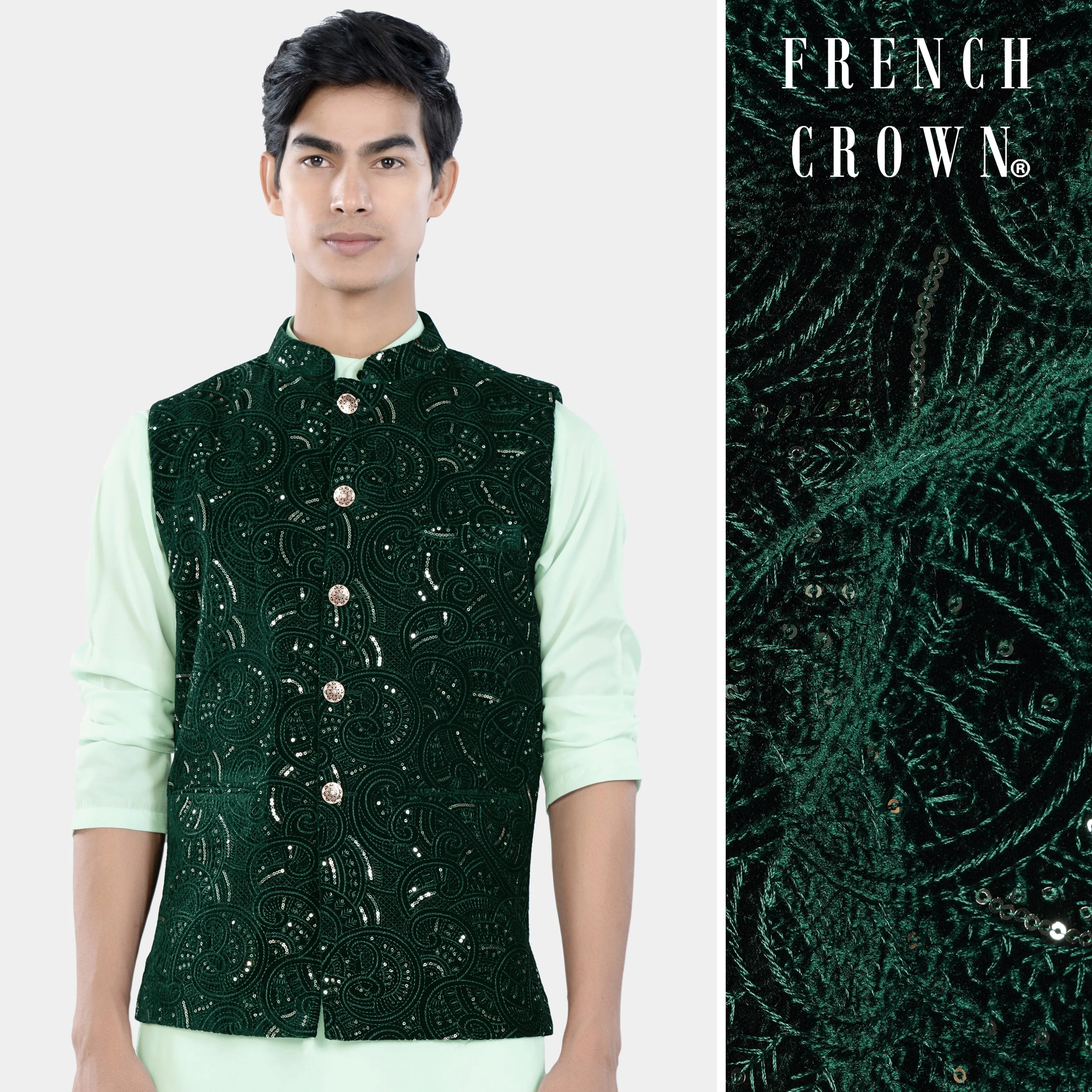 Palm and Jewel Green Sequin and Thread Embroidered Designer Nehru Jacket sold by French Crown
