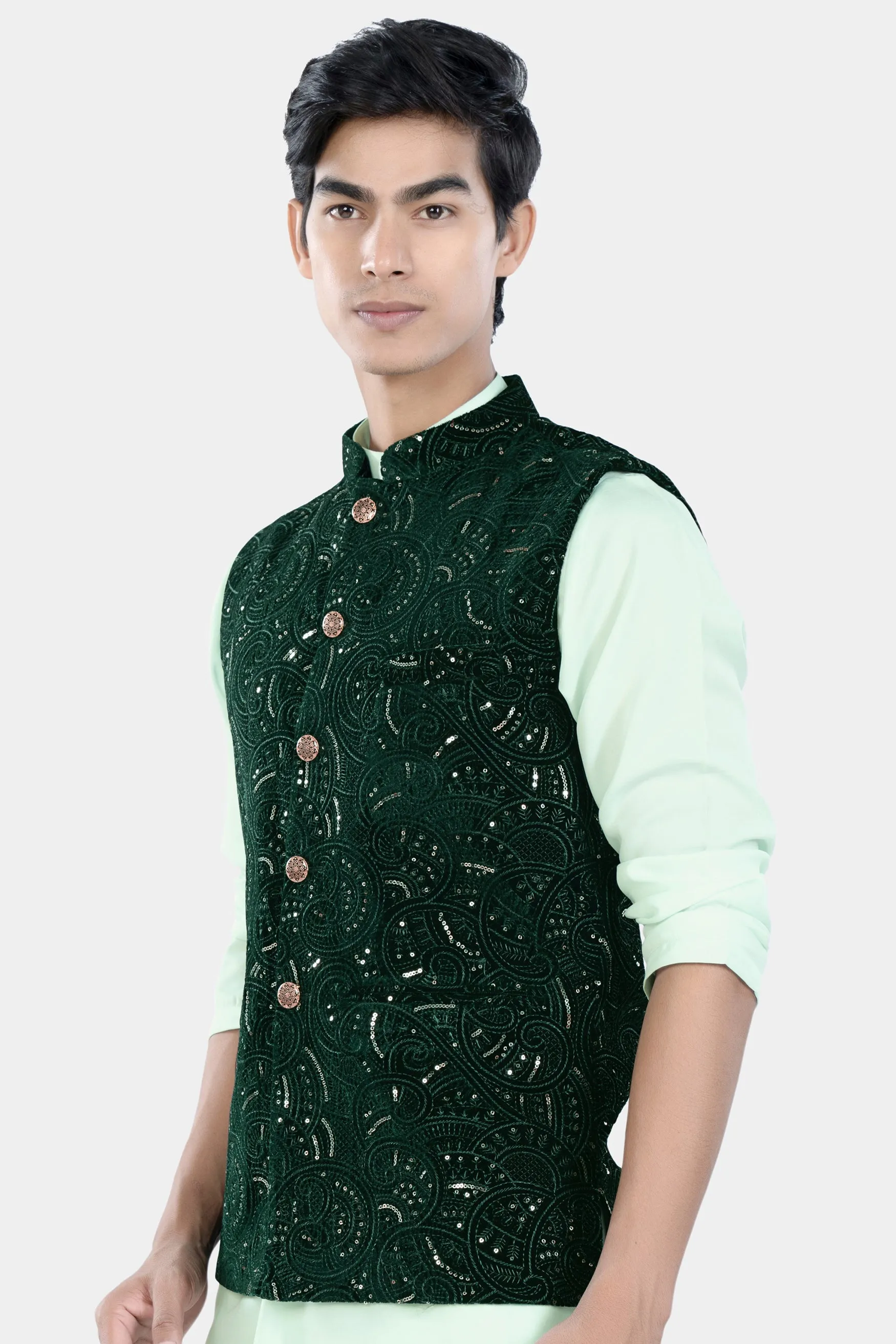 Palm and Jewel Green Sequin and Thread Embroidered Designer Nehru Jacket sold by French Crown product image thumbnail 5