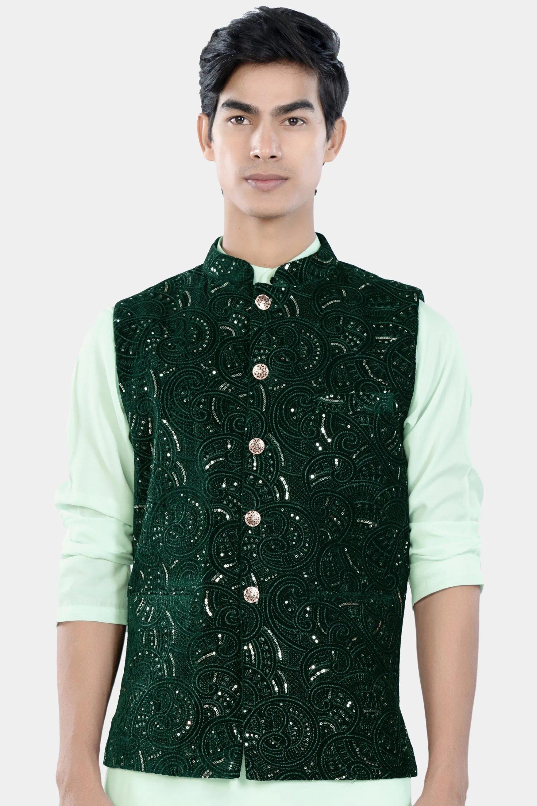 Palm and Jewel Green Sequin and Thread Embroidered Designer Nehru Jacket sold by French Crown product image thumbnail 2