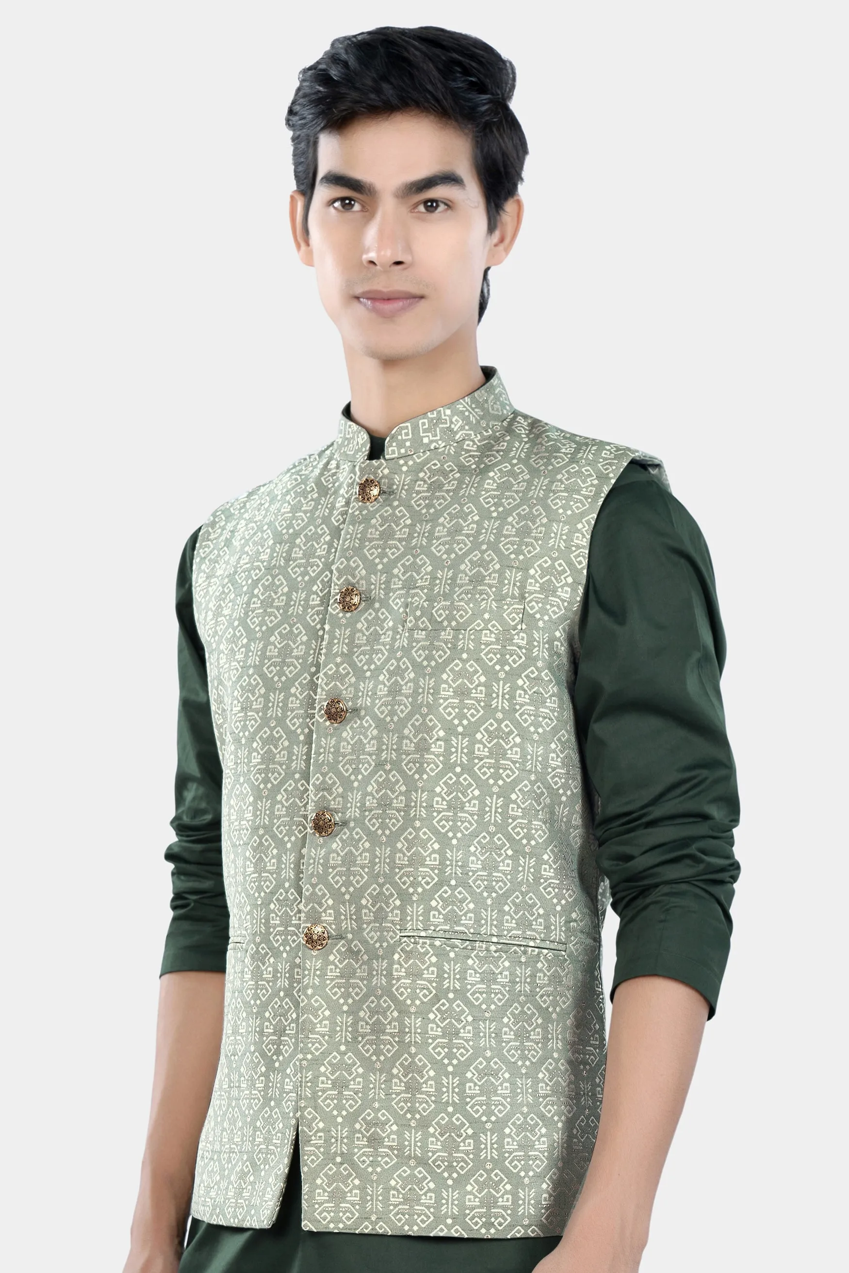 Pumice Green and White Jacquard Textured Designer Nehru Jacket sold by French Crown product image thumbnail 5