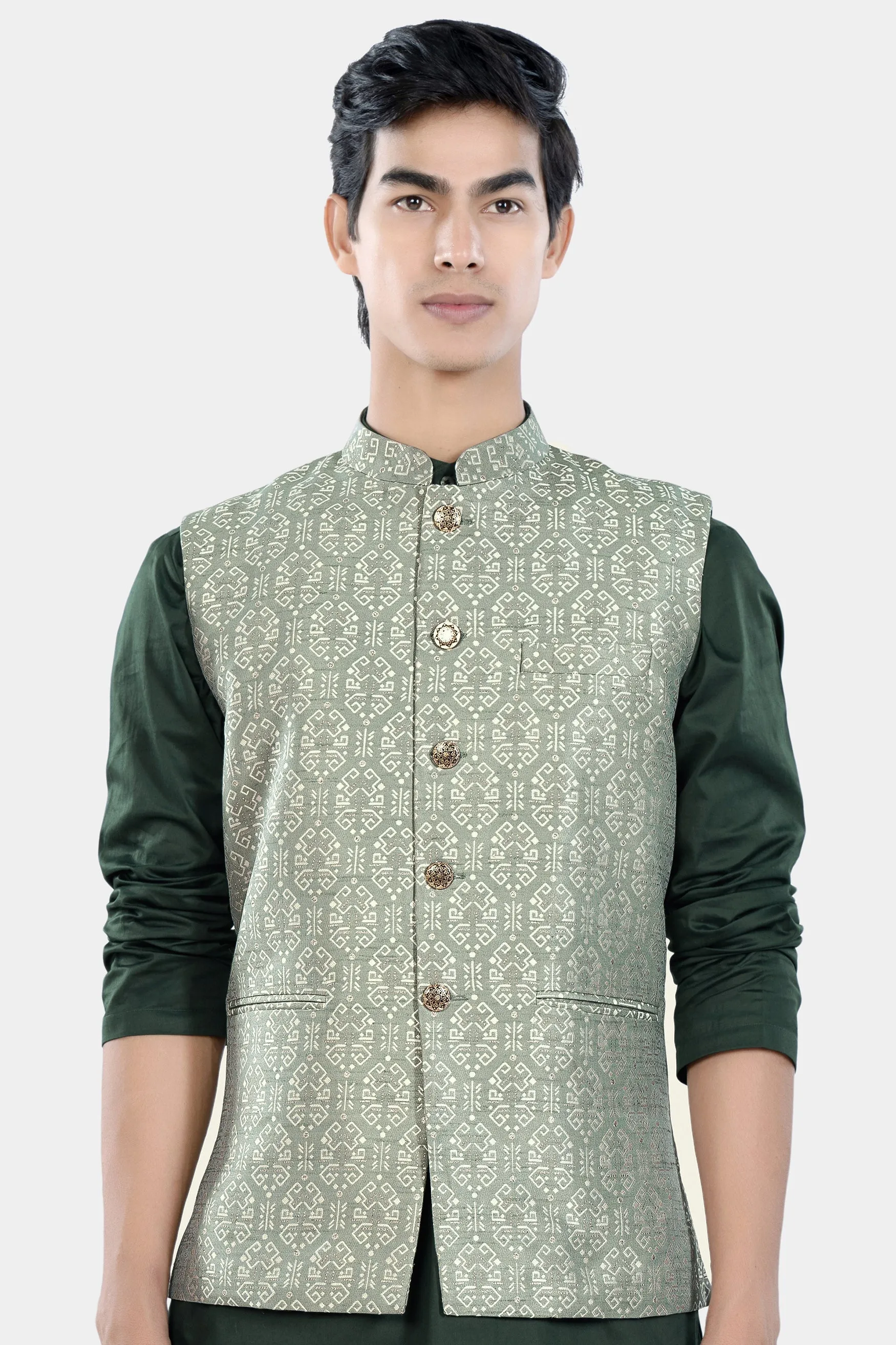 Pumice Green and White Jacquard Textured Designer Nehru Jacket sold by French Crown product image thumbnail 2