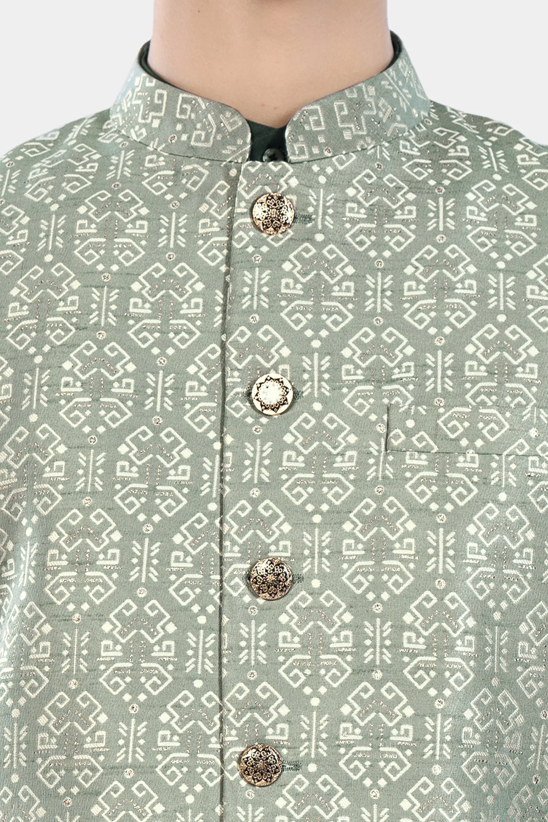 Pumice Green and White Jacquard Textured Designer Nehru Jacket sold by French Crown product image thumbnail 4