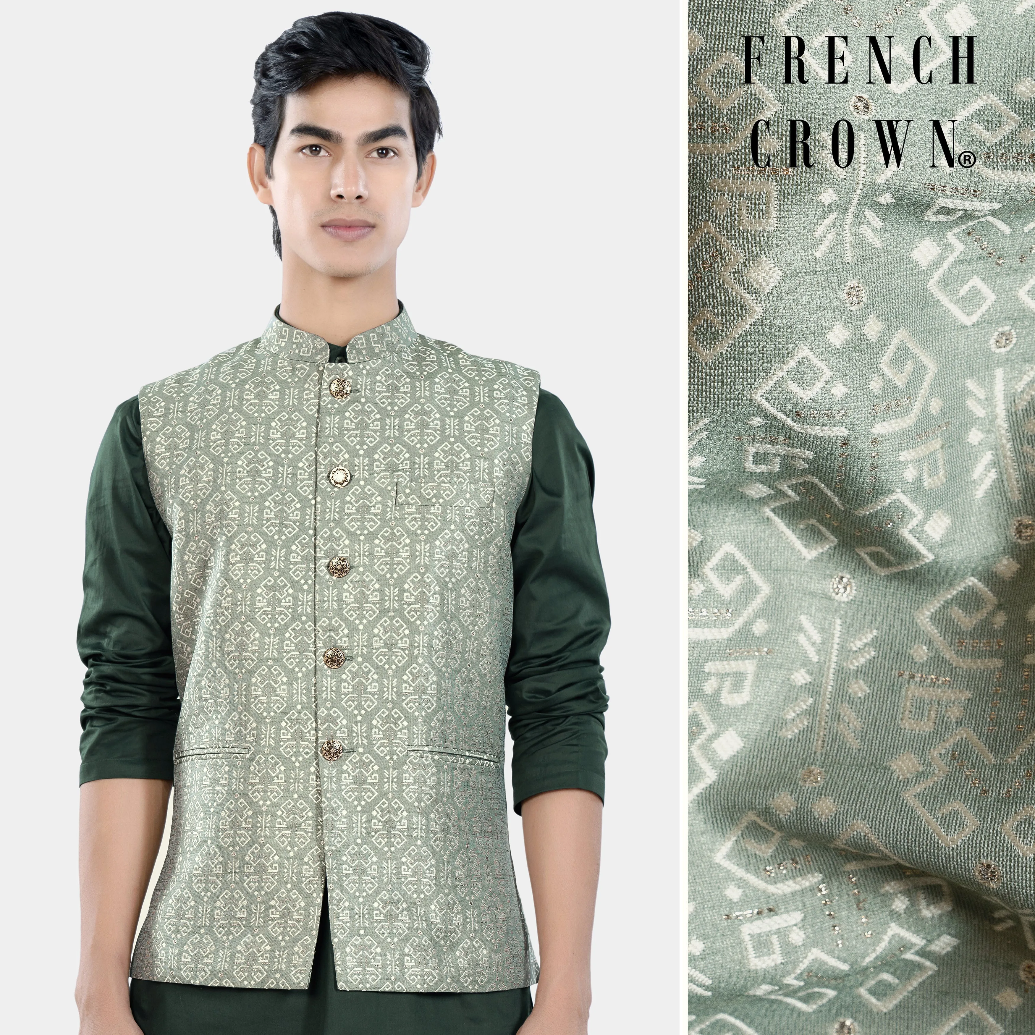 Pumice Green and White Jacquard Textured Designer Nehru Jacket sold by French Crown