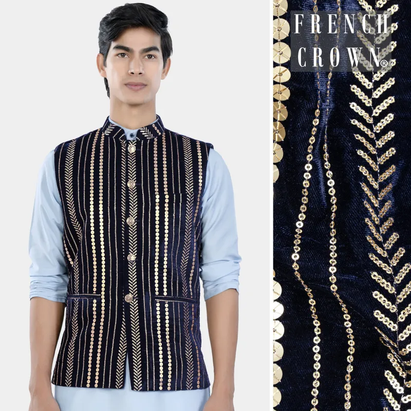 Stratos Blue Vertical Sequin Embroidered Designer Nehru Jacket sold by French Crown