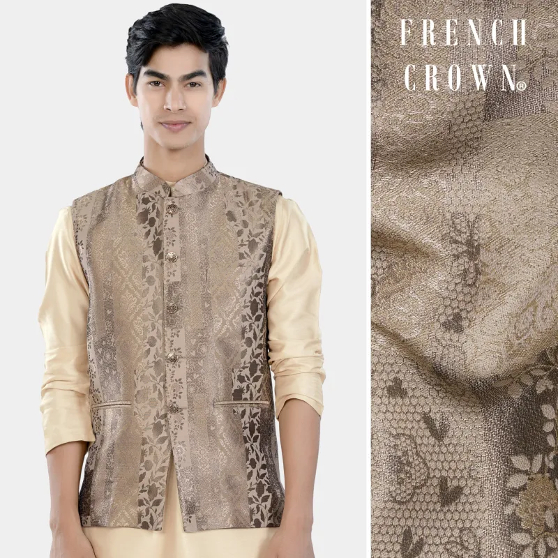 Cashmere and Sandrift Brown Floral Jacquard Textured Designer Nehru Jacket sold by French Crown