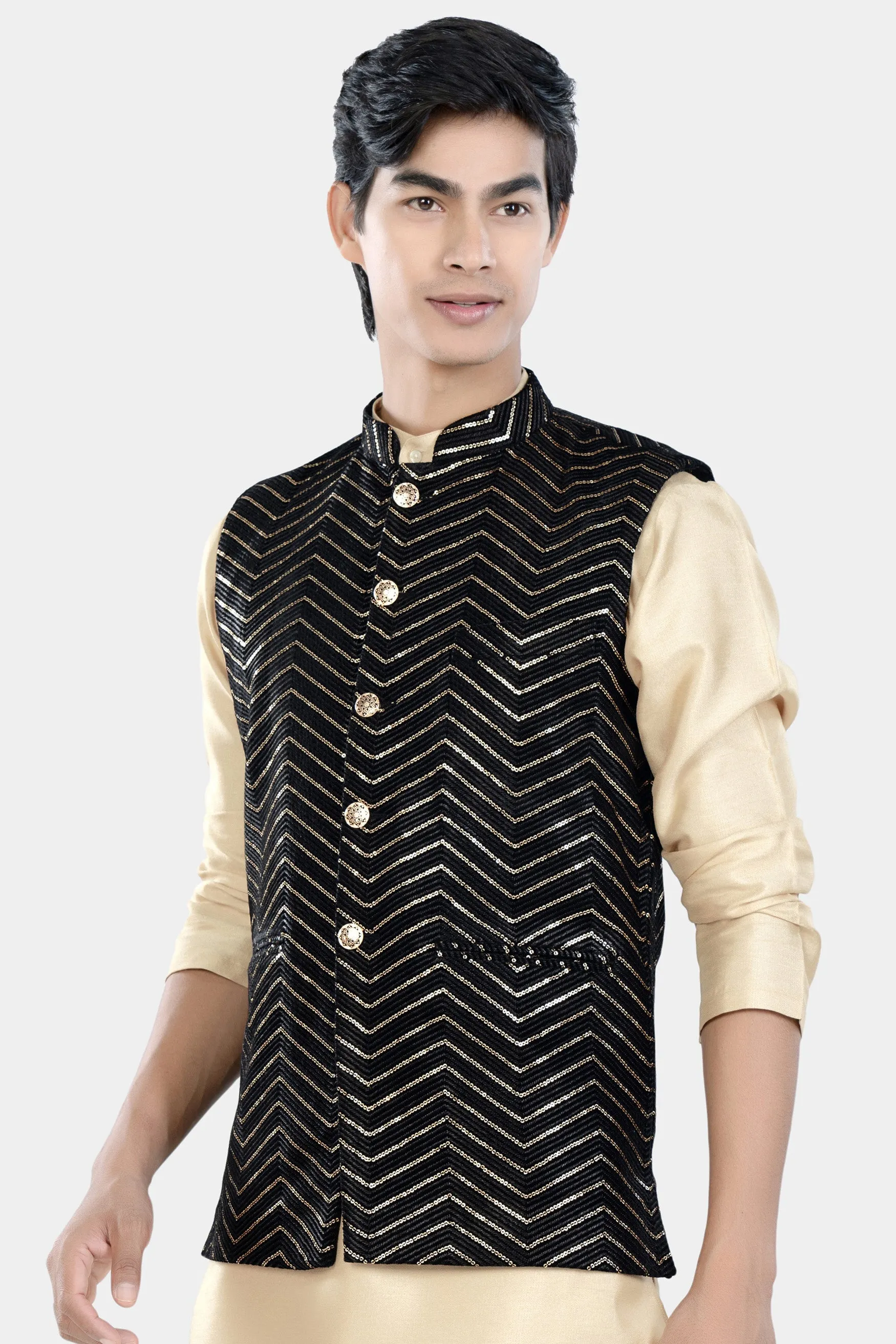 Jade Black Chevron Thread and Sequin Embroidered Designer Nehru Jacket sold by French Crown product image thumbnail 5