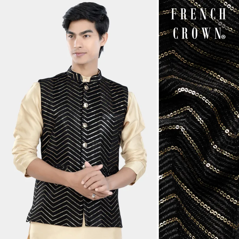 Jade Black Chevron Thread and Sequin Embroidered Designer Nehru Jacket sold by French Crown