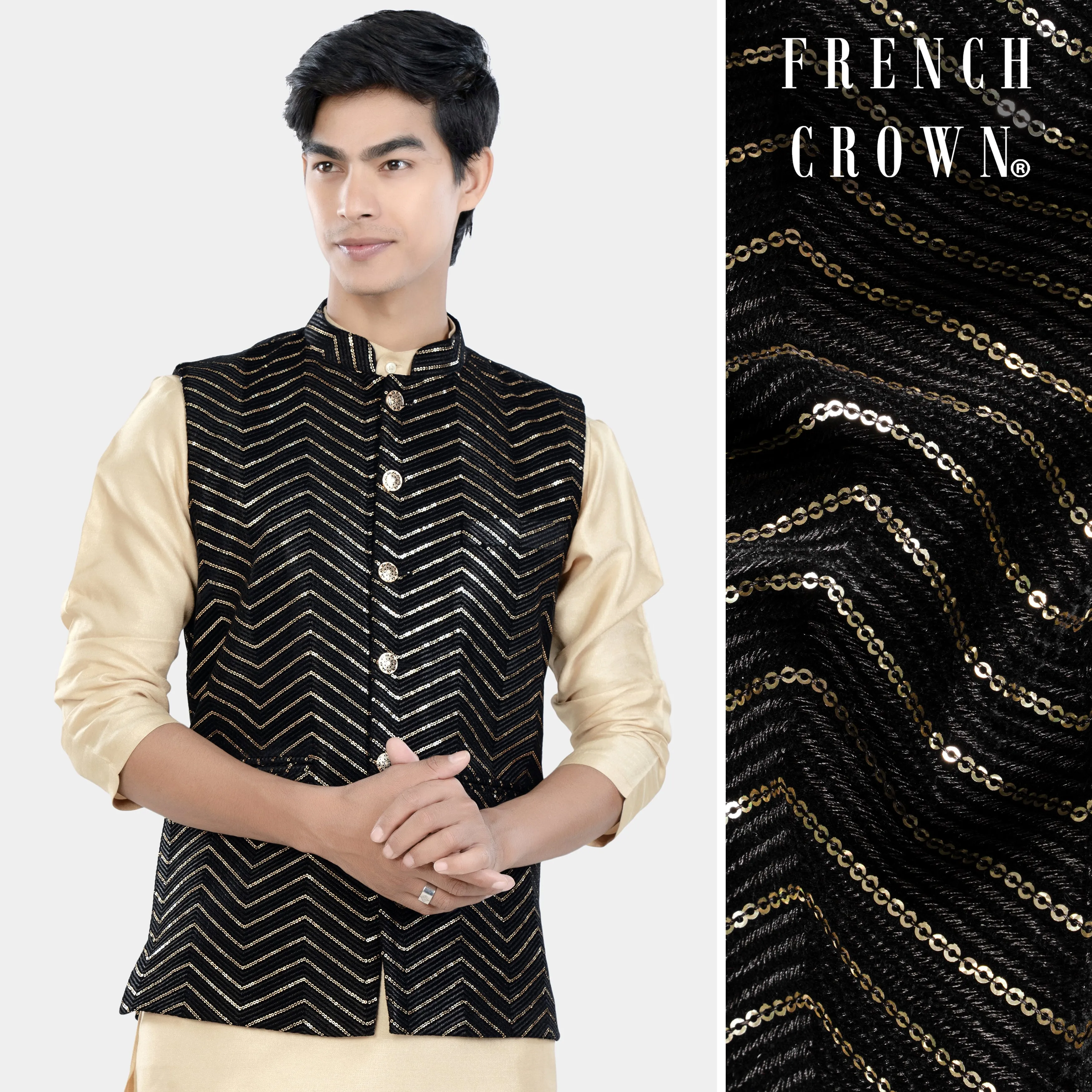 Jade Black Chevron Thread and Sequin Embroidered Designer Nehru Jacket sold by French Crown